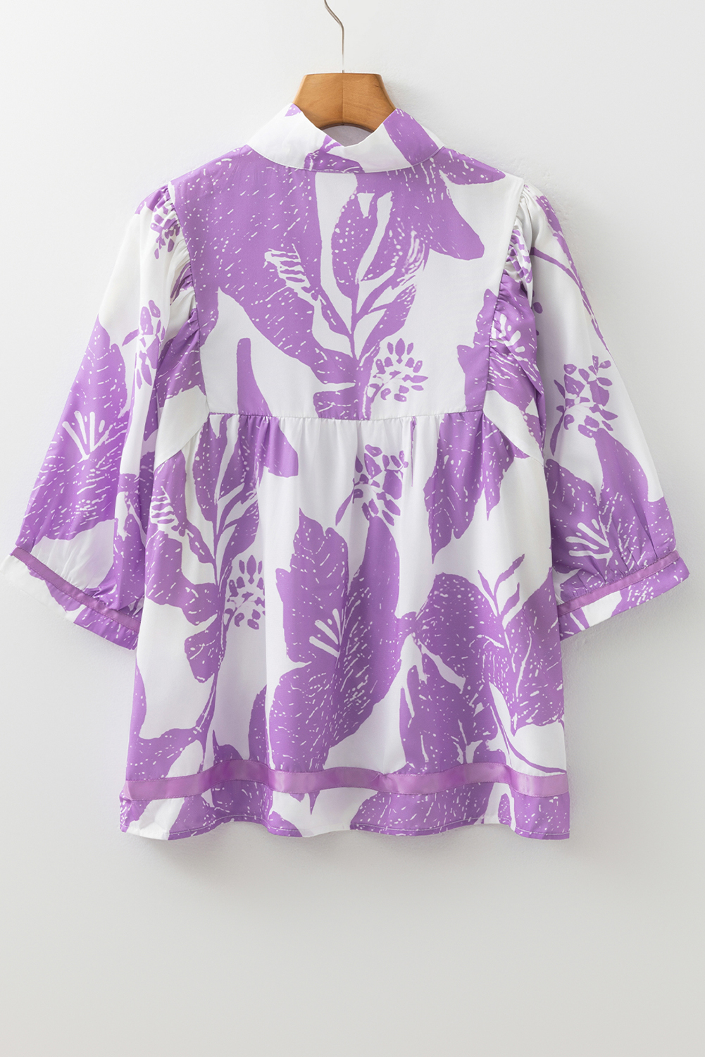 Purple Leafy Print 3/4 Sleeve Striped Trim Split Neck Blouse - loveforevers