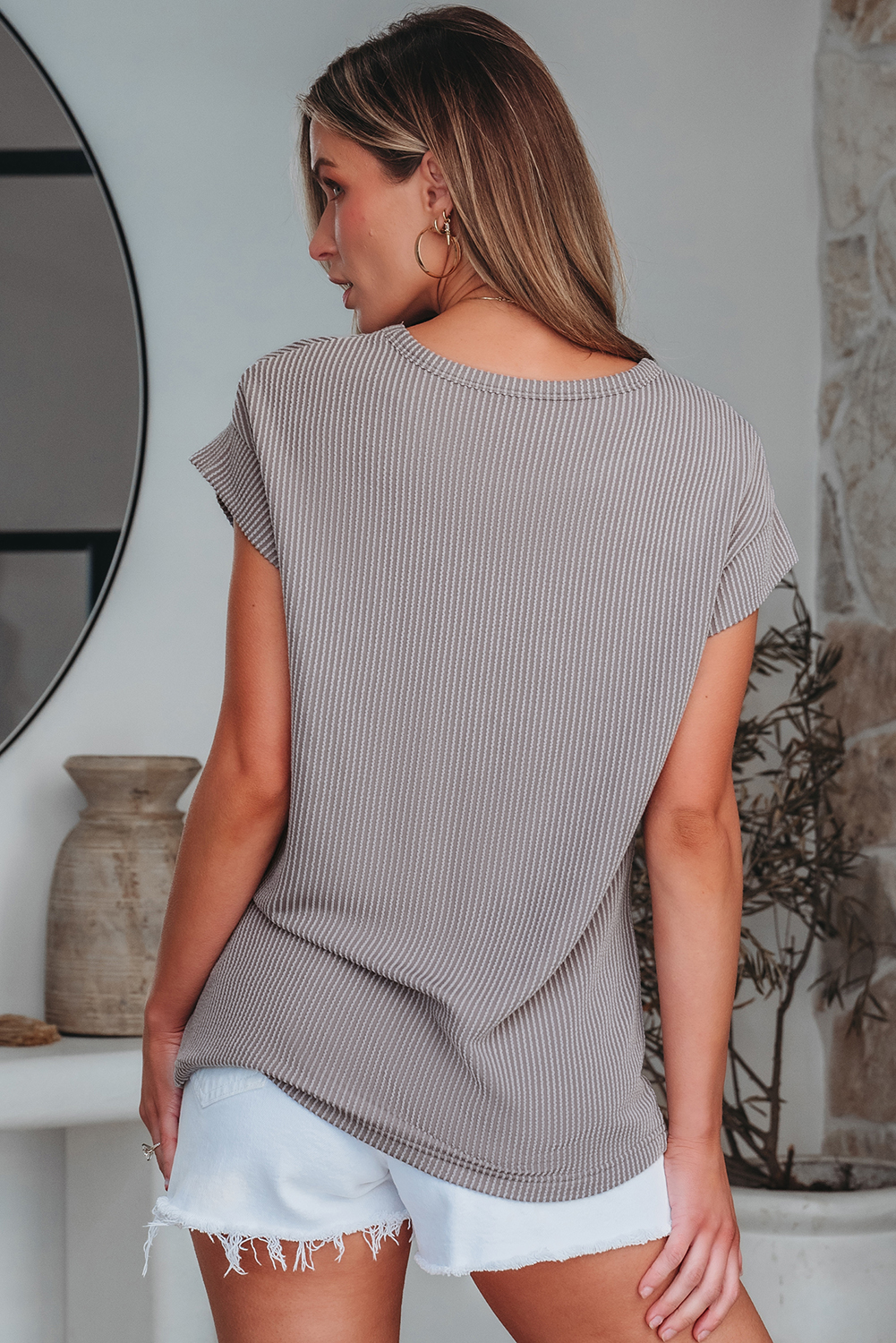 Gray Twisted Rib Wide Sleeve Crew Neck T Shirt - loveforevers