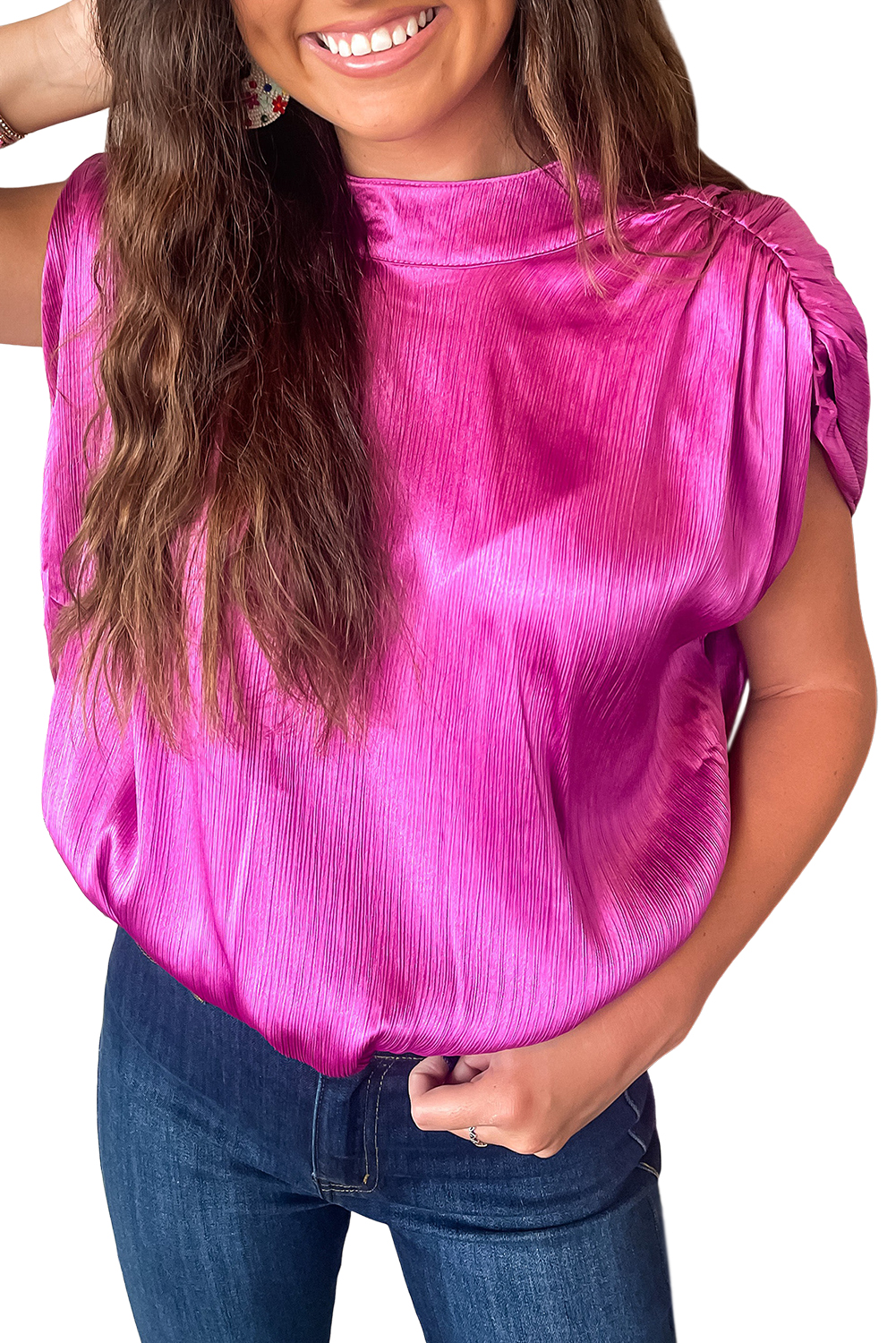Bright Pink Ruched Sleeves Knotted Backless Blouse - loveforevers