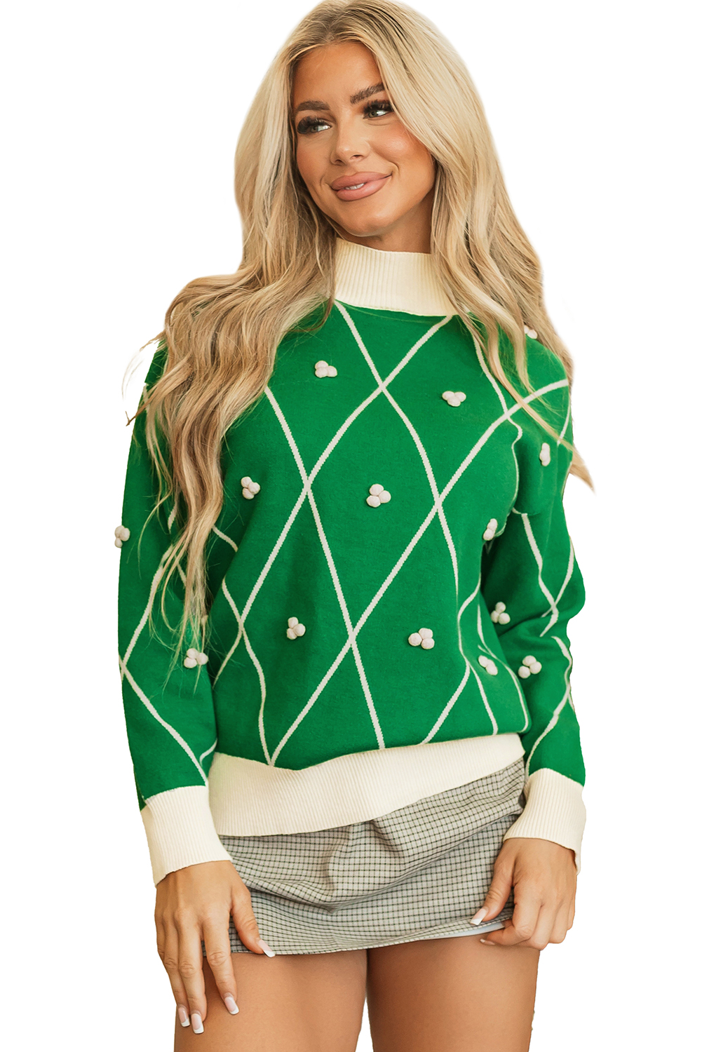 Dark Green Diamond Pattern Pom Accents Contrast Trim High Neck Sweater - loveforevers