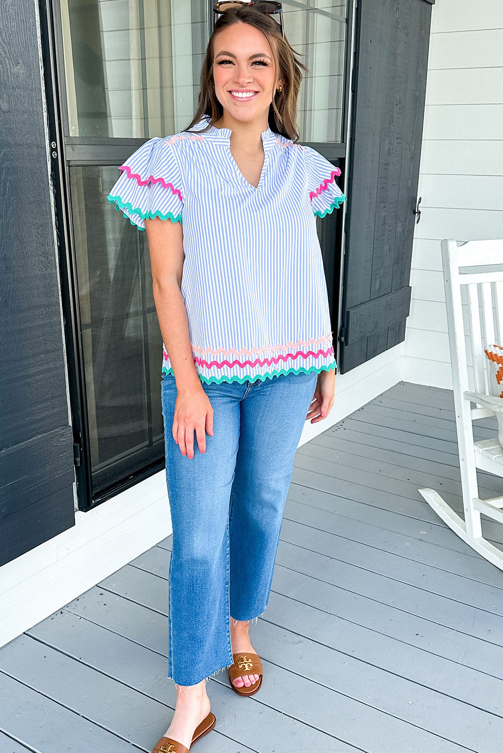 Sky Blue Stripe Ricrac Trim Split Neck Striped Ruffled Sleeve Blouse - loveforevers
