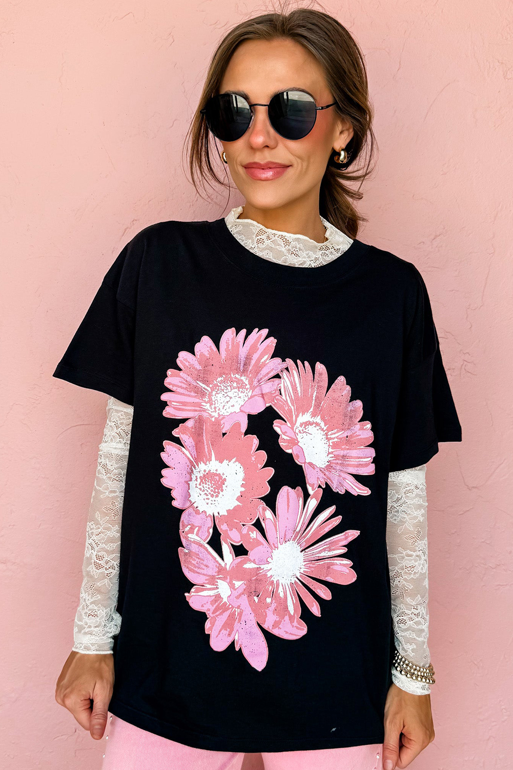 Black Pink Daisy Flower Printed Cotton Blend T Shirt - loveforevers