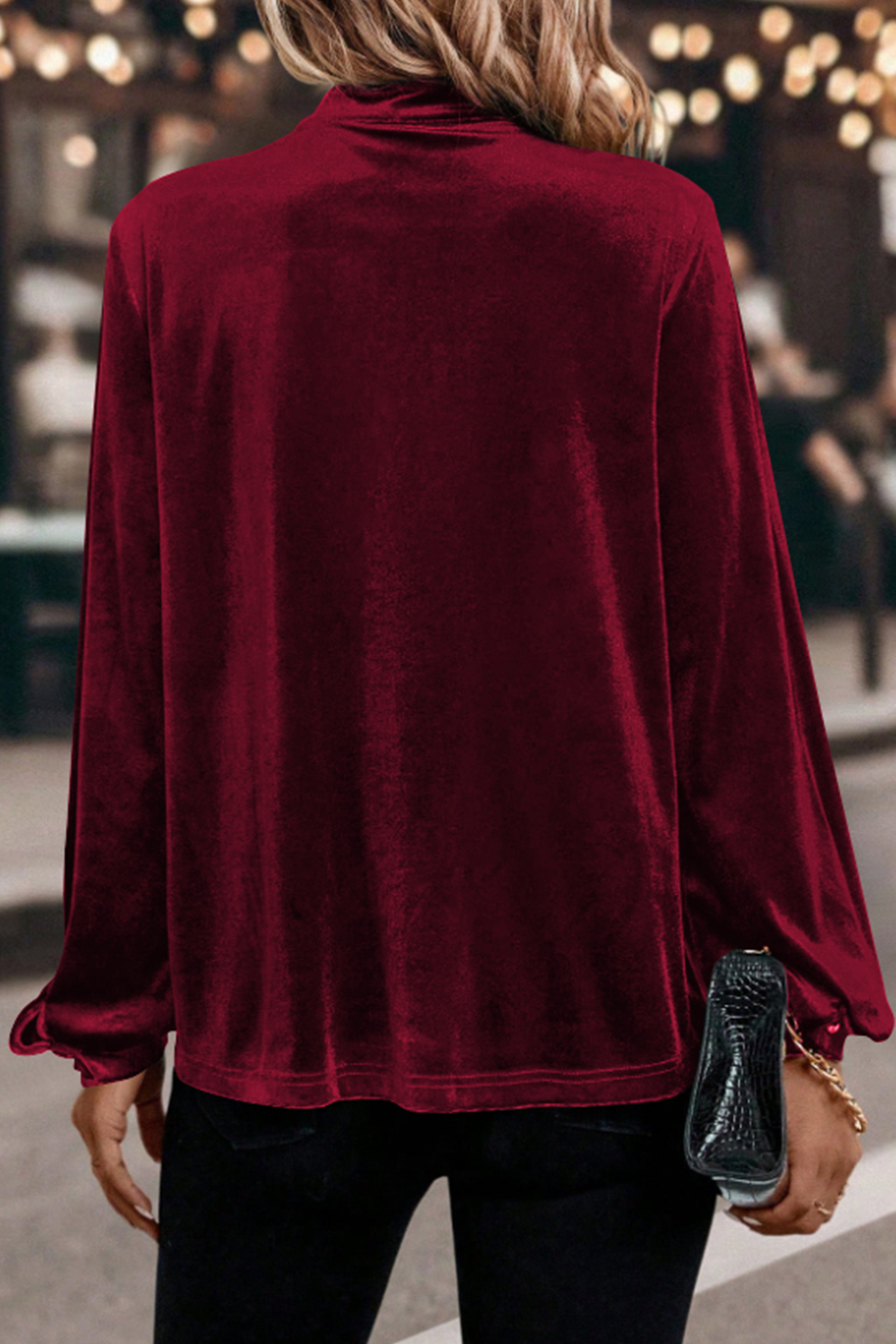 Red Dahlia Asymmetric Button Keyhole Neck Long Sleeve Velvet Blouse - loveforevers