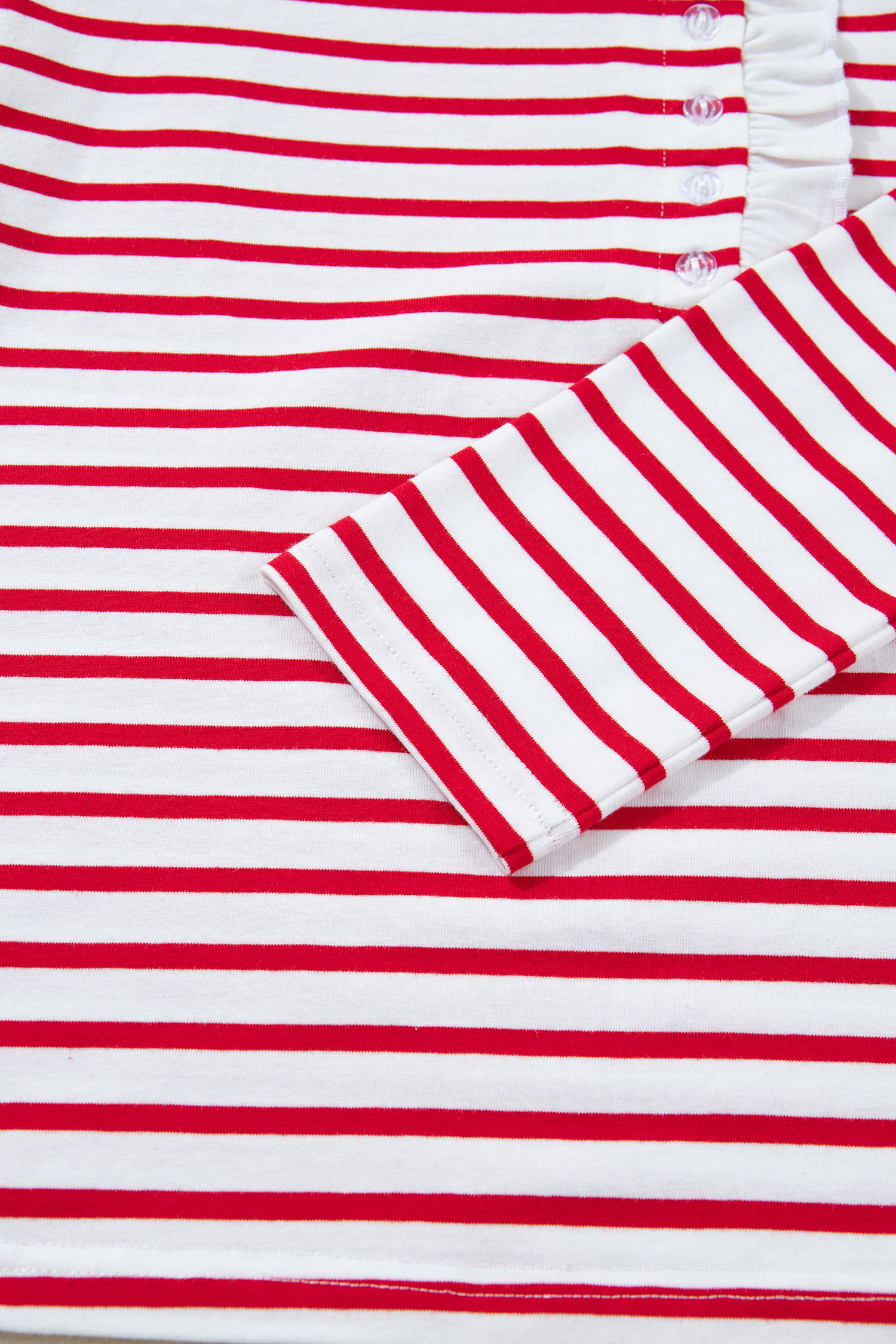 Red Stripe Contrast Frilled Trim Half Button Long Sleeve Top - loveforevers