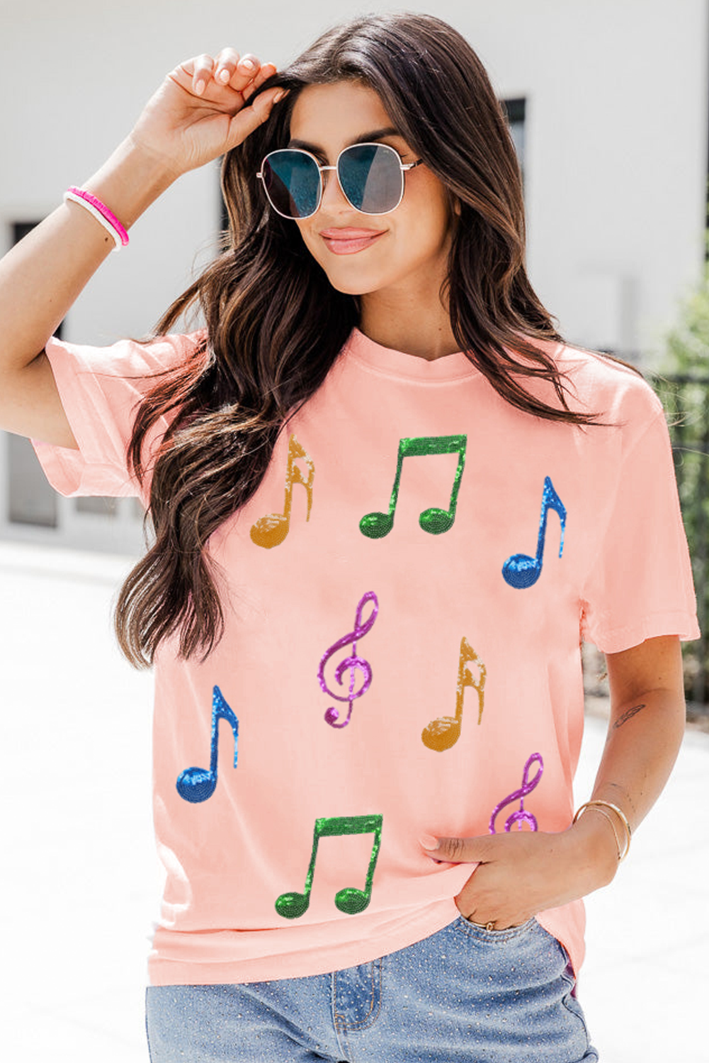 Pink Music Notes Patched Graphic Casual T Shirt - loveforevers