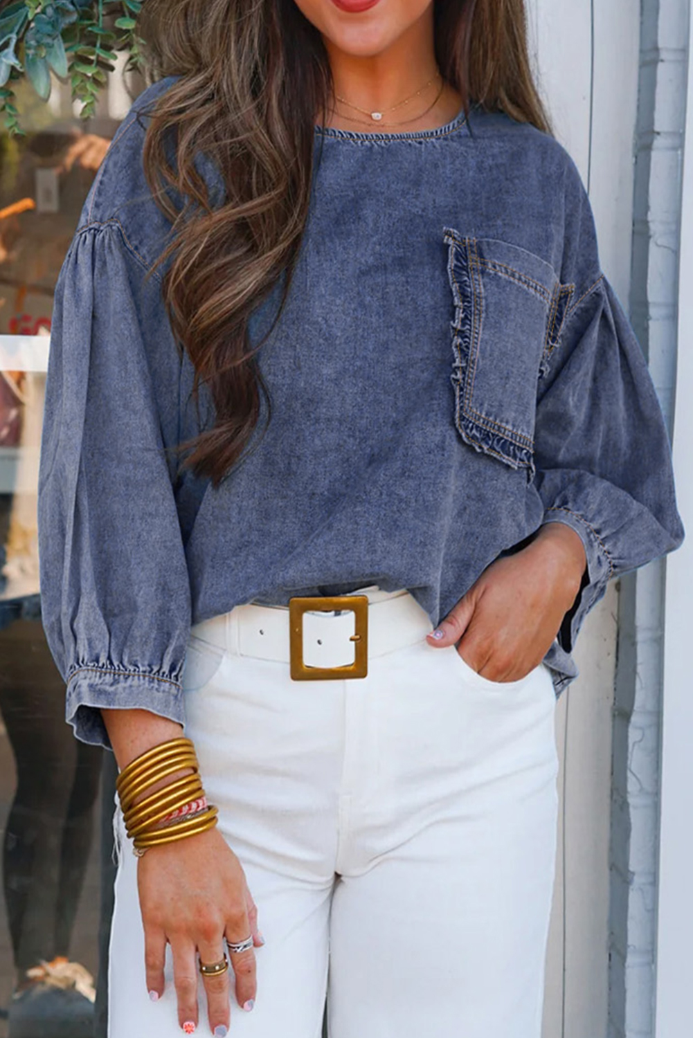 Sky Blue 3/4 Sleeve Ruffled Patched Pocket Denim Blouse - loveforevers