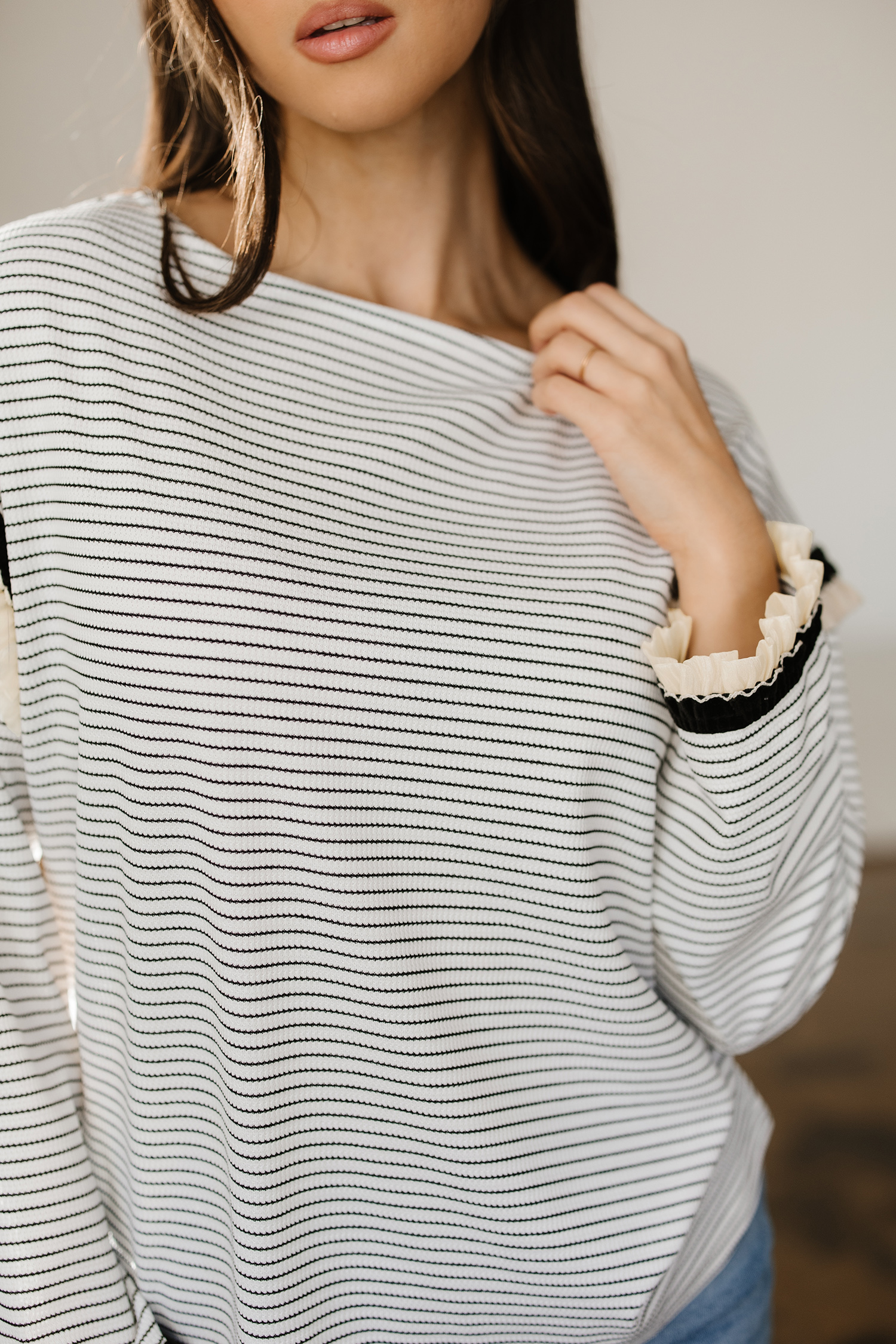 White Stripe Contrasted Ruffle Trim Loose Long Sleeve Top - loveforevers