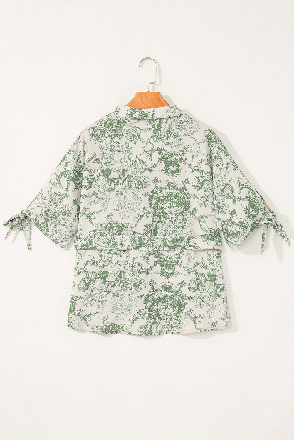 Green Landscape Print Tied 3/4 Sleeve Shirt with Sash - loveforevers