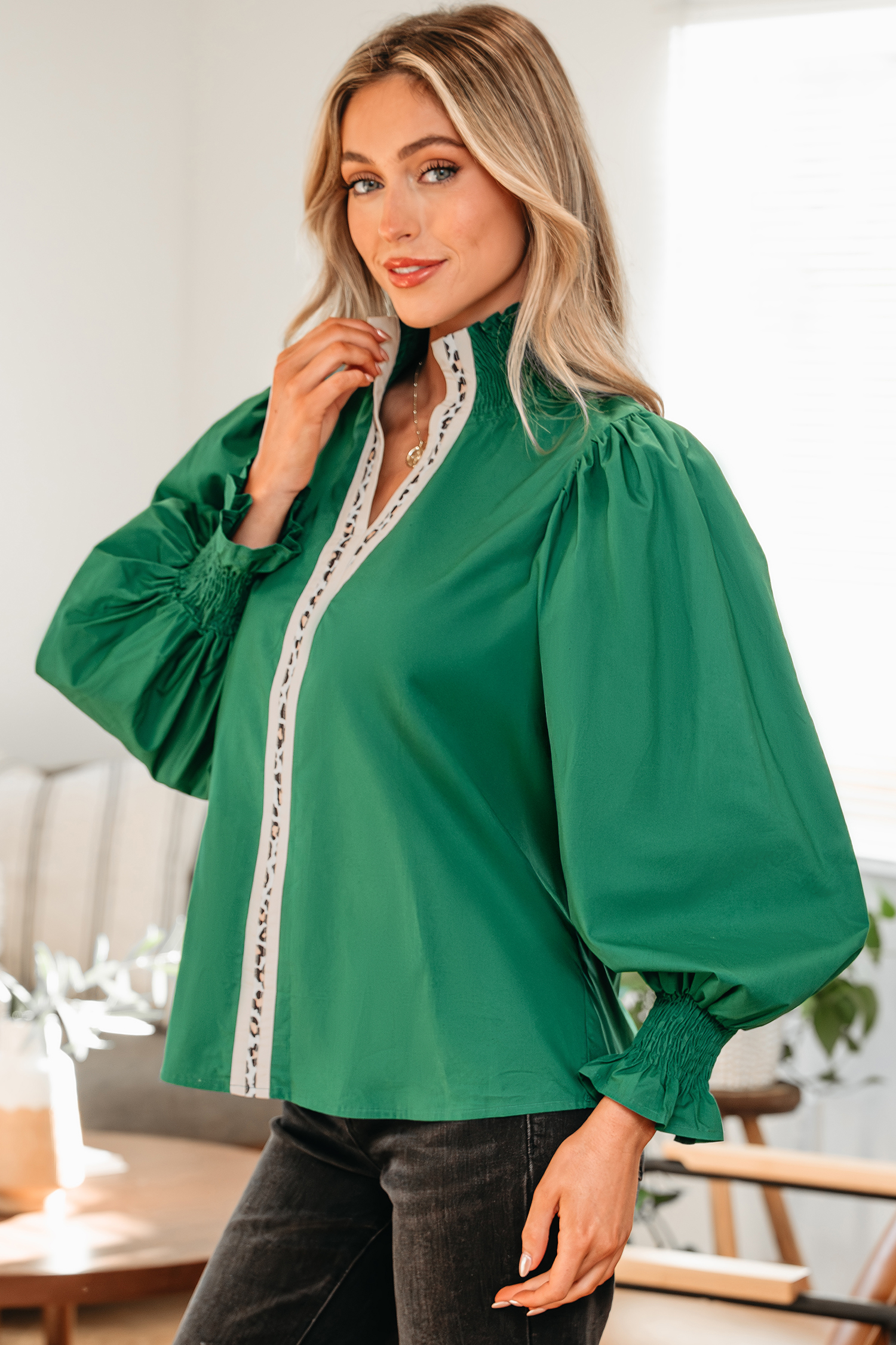 Evergreen Puffy Flounce Sleeve Leopard Trim V Neck Blouse - loveforevers