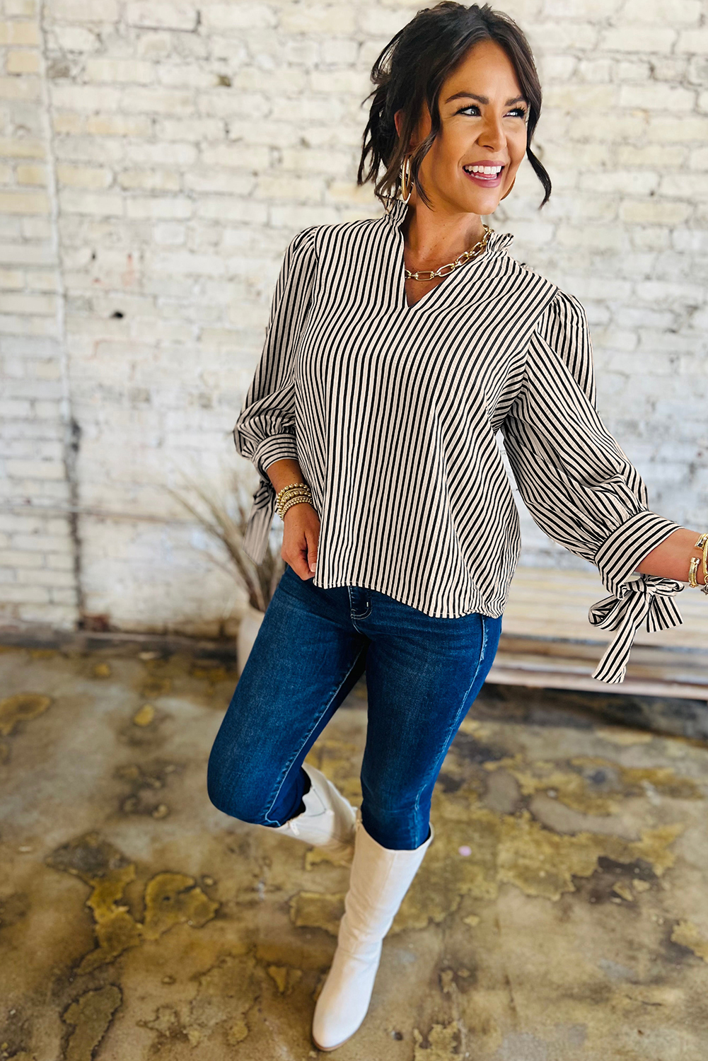 Black Stripe Knotted Cuff Long Sleeve V Neck Blouse - loveforevers