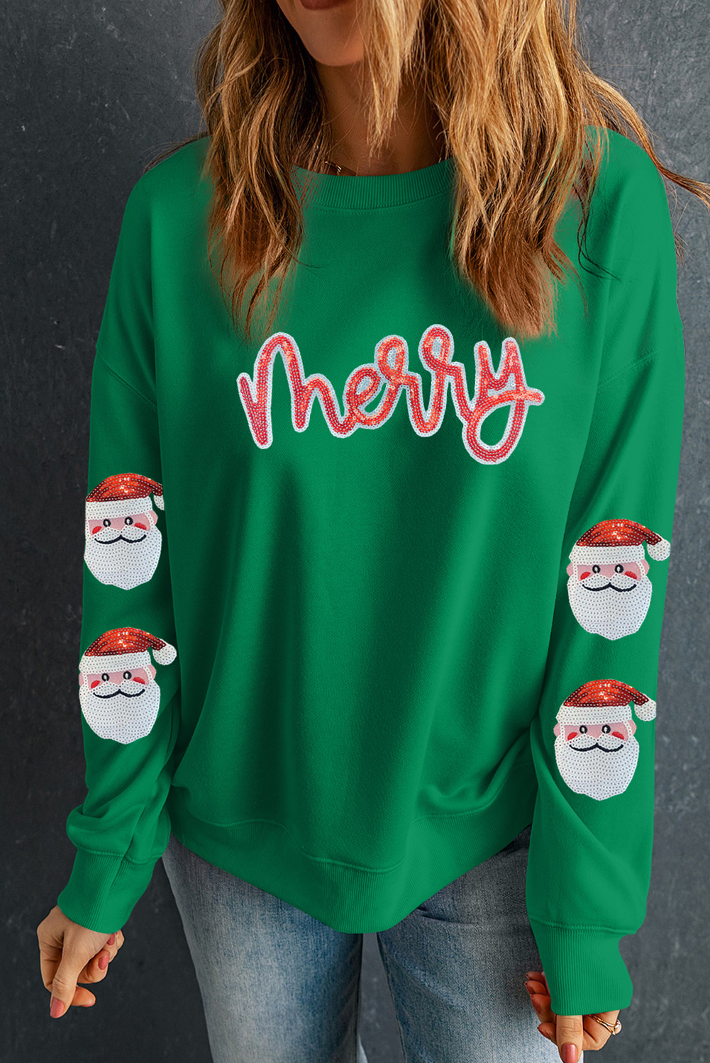 Dark Green Sequin Letter Graphic Father Christmas Patched Sleeve Drop Shoulder Sweatshirt - loveforevers