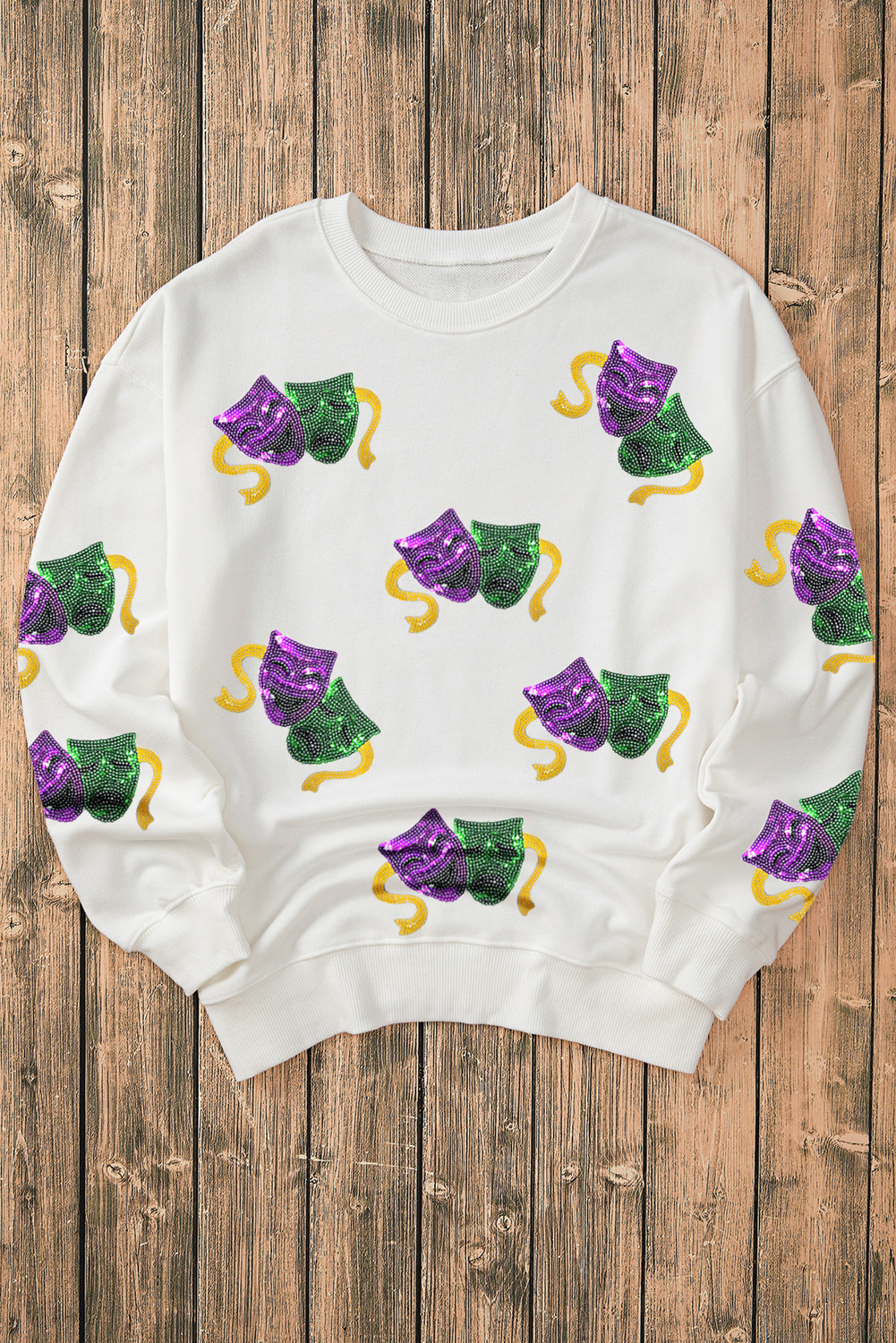 White Sequined Mardi Gras Mask Pattern Drop Shoulder Sweatshirt - loveforevers