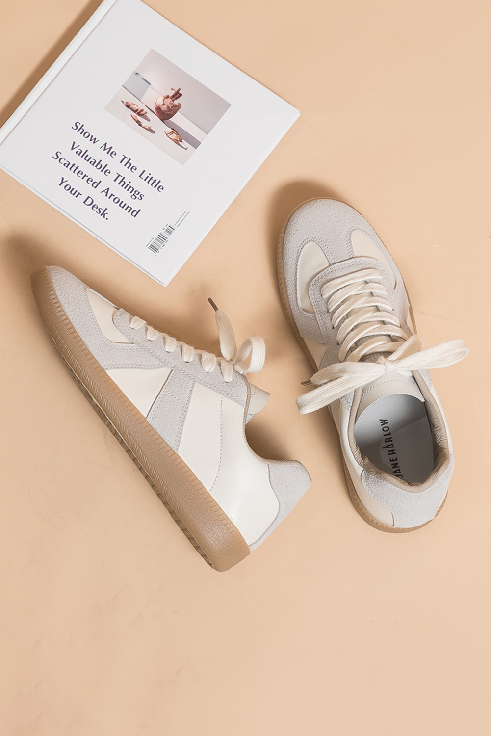 Beige PU Leather Suede Patched Lace-up Flat Shoes - loveforevers