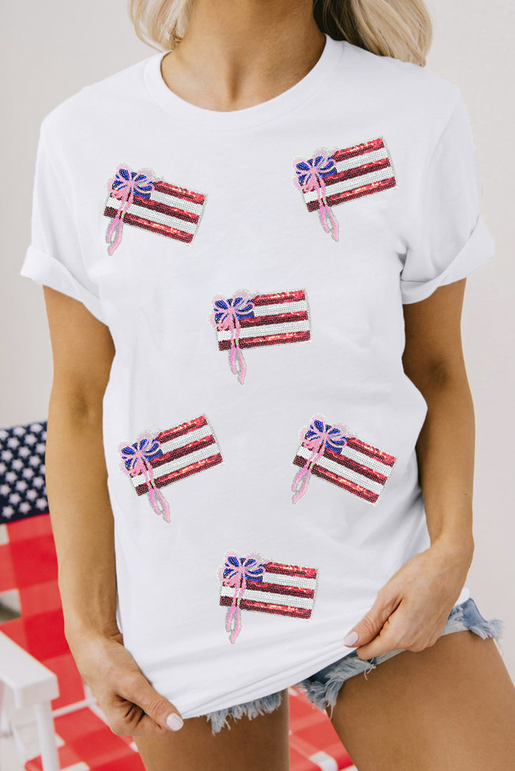 White Sequin Bow American Flag Patched T Shirt - loveforevers