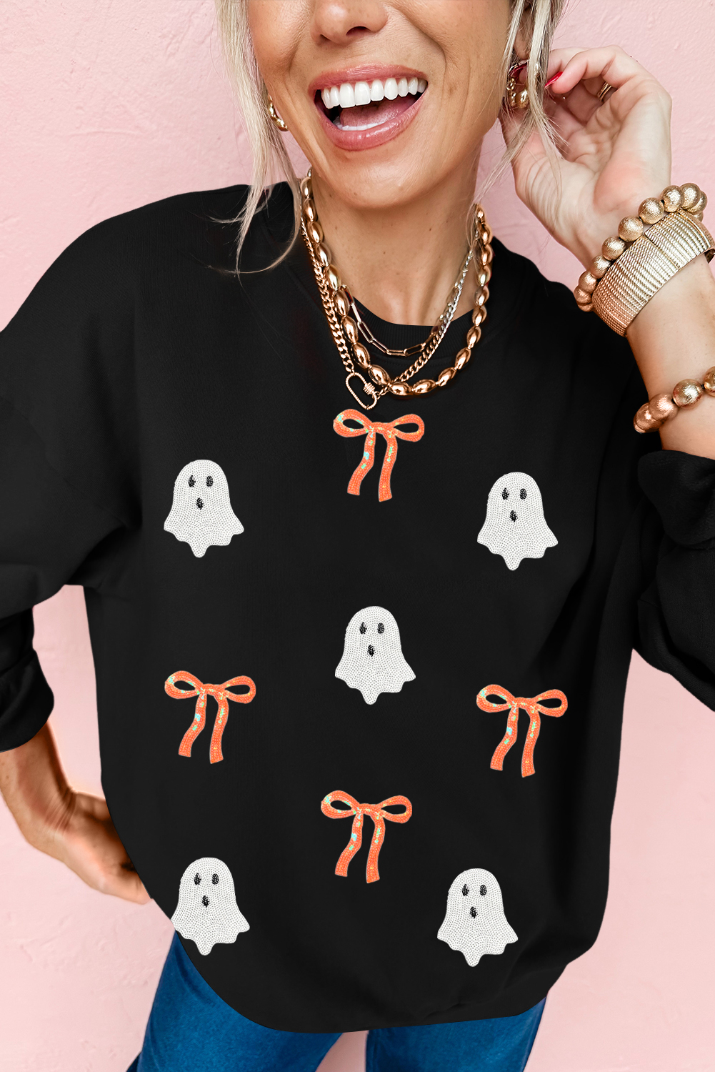 Black Sequin Bow Ghost Patched Halloween Graphic Tee - loveforevers