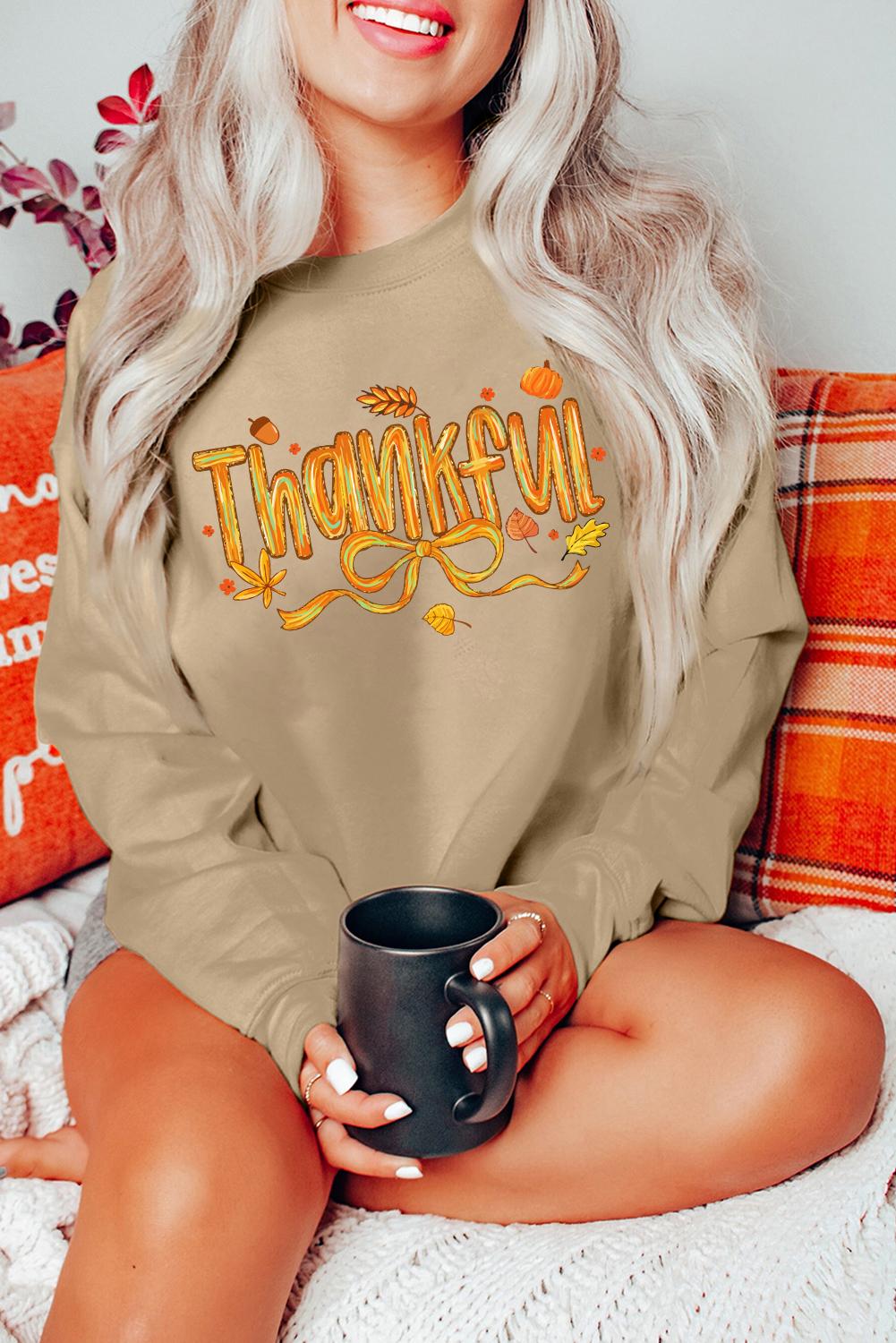 Khaki Thankful Fall Vibe Graphic Thanksgiving Sweatshirt - loveforevers
