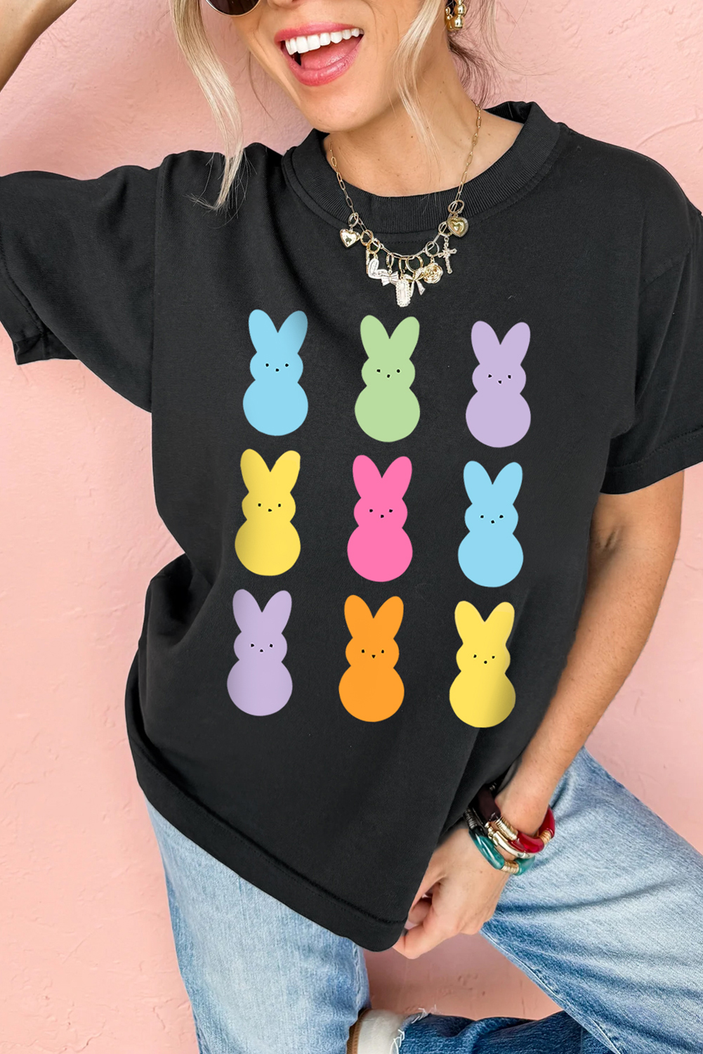 Black Easter Rabbit Print Crew Neck T Shirt - loveforevers