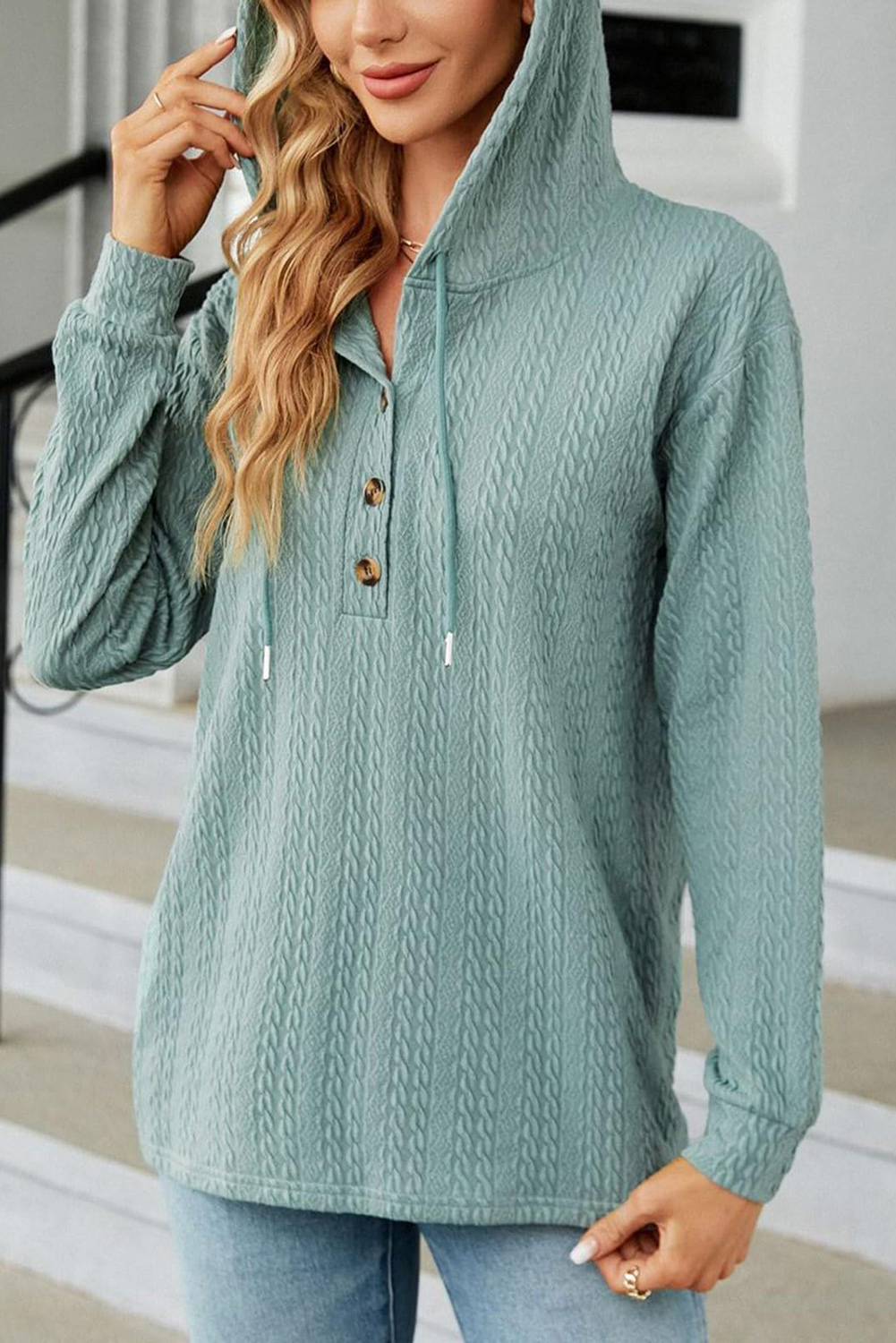 Mint Green Button Front Textured Drawstring Hooded Long Sleeve Top - loveforevers
