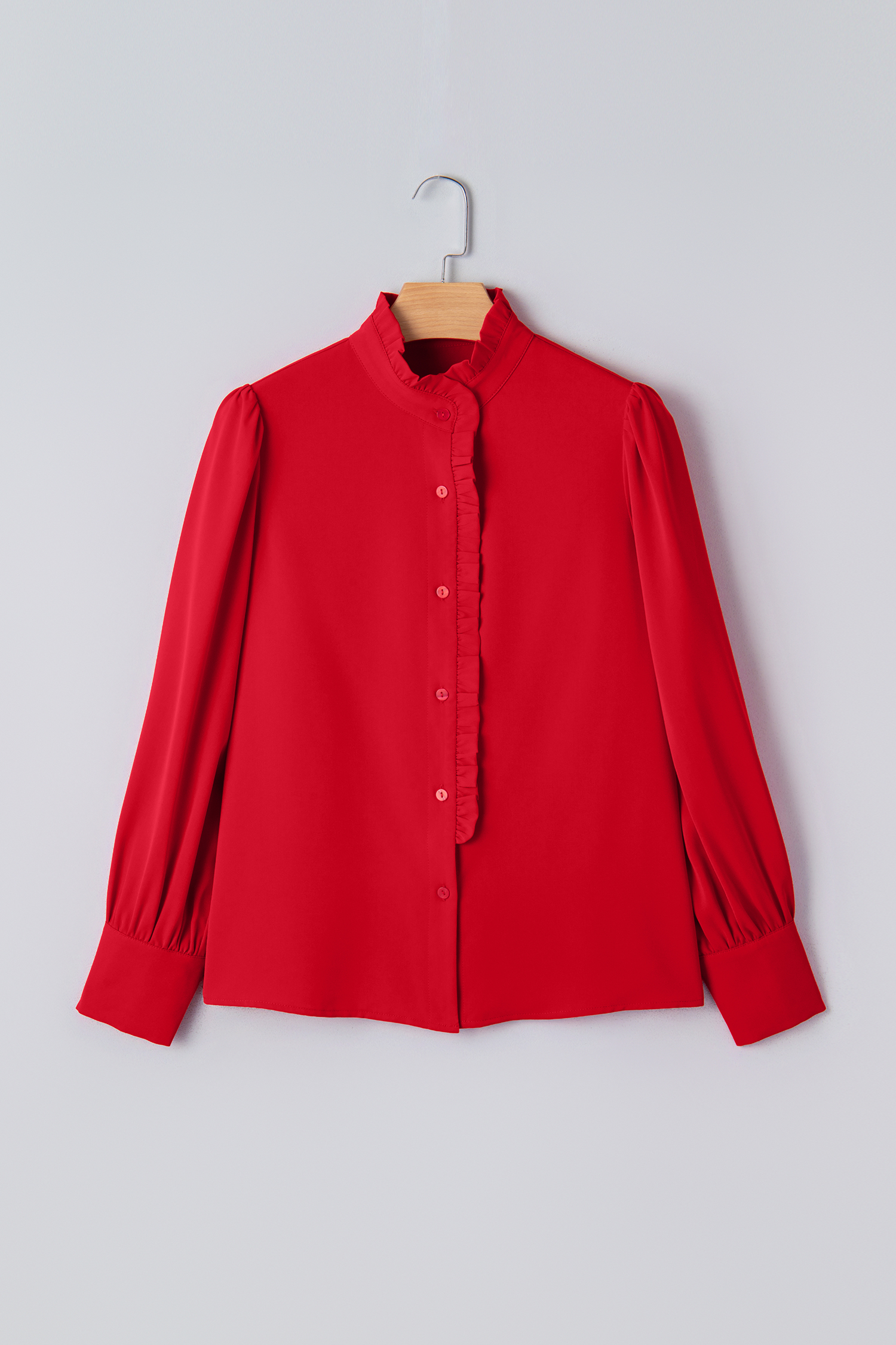 Fiery Red Frilled Trim Button Up Pleated Long Sleeve Shirt - loveforevers