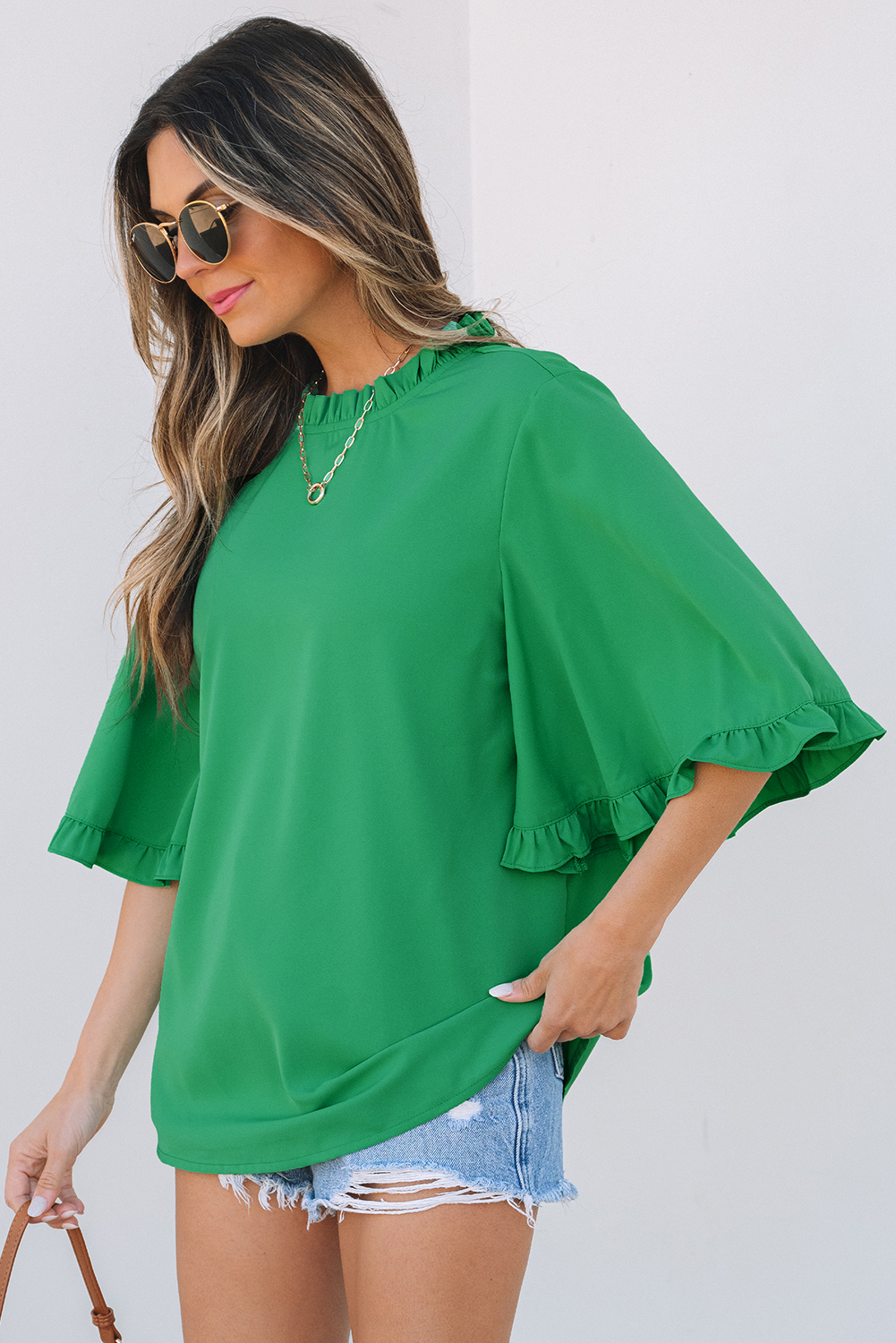 Green Frilly Round Neck Wide Half Sleeve Blouse - loveforevers