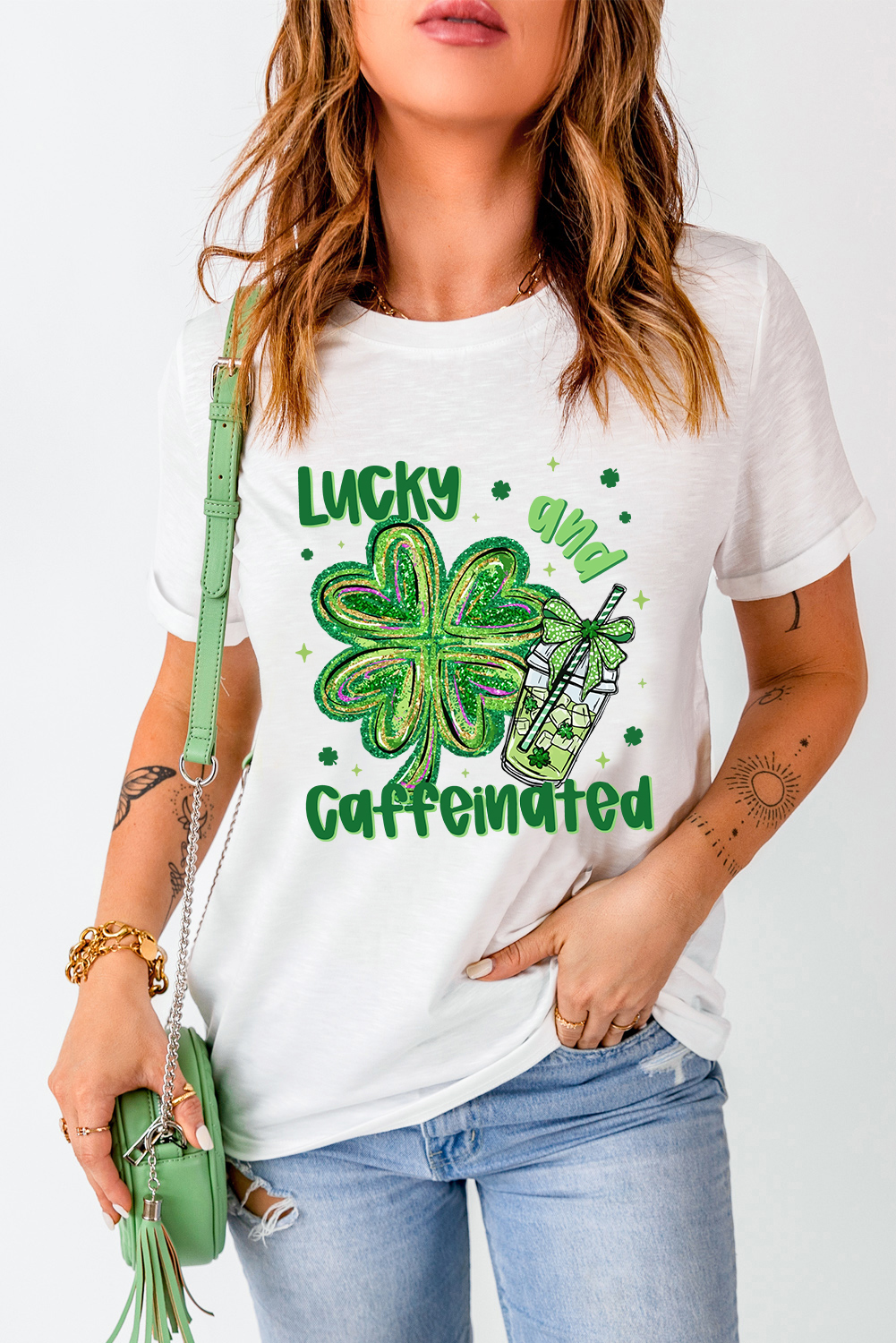 White Lucky and Caffeinated Clover Graphic St Patrick Tee - loveforevers