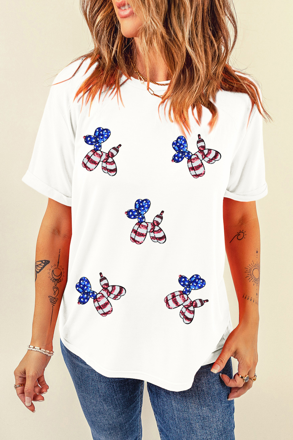 White Sequin Stars and Stripes Balloon Puppy Graphic Crewneck Tee - loveforevers