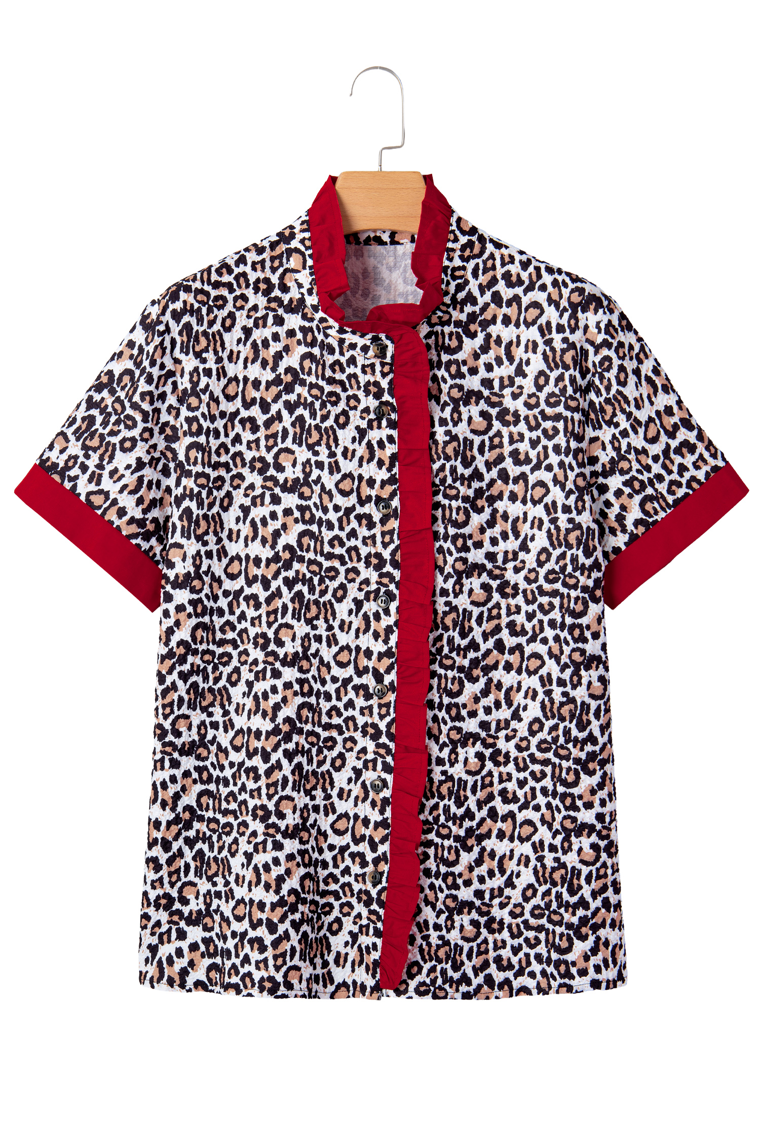 Khaki Contrast Frilled V Neck Trimmed Leopard Shirt - loveforevers