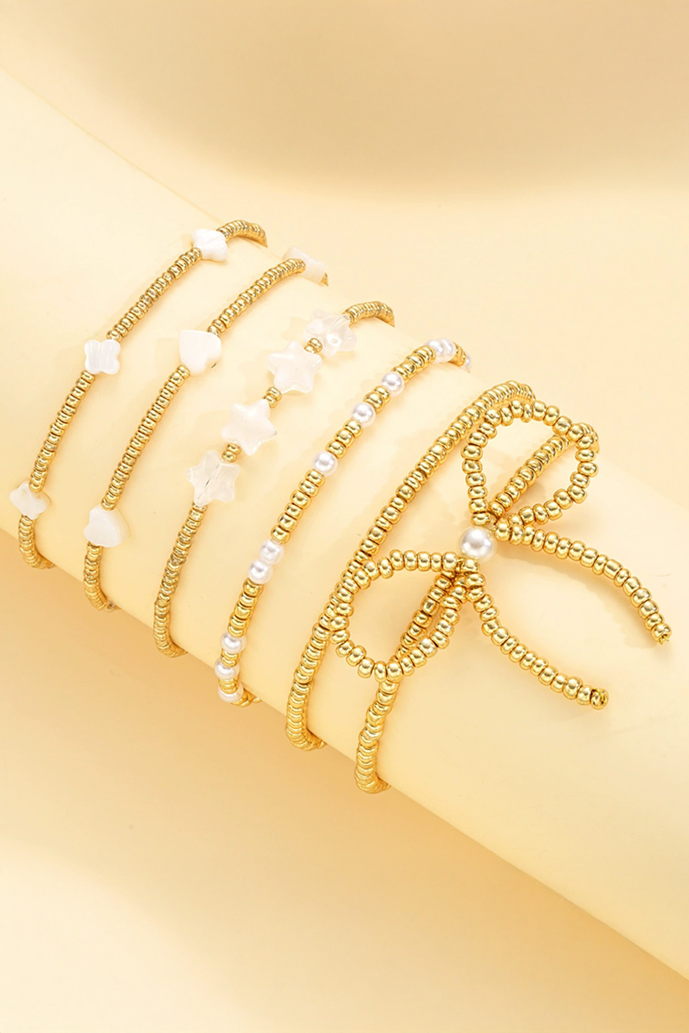 Gold Bow Knot Star Heart Beaded Multi Layer Bracelet - loveforevers