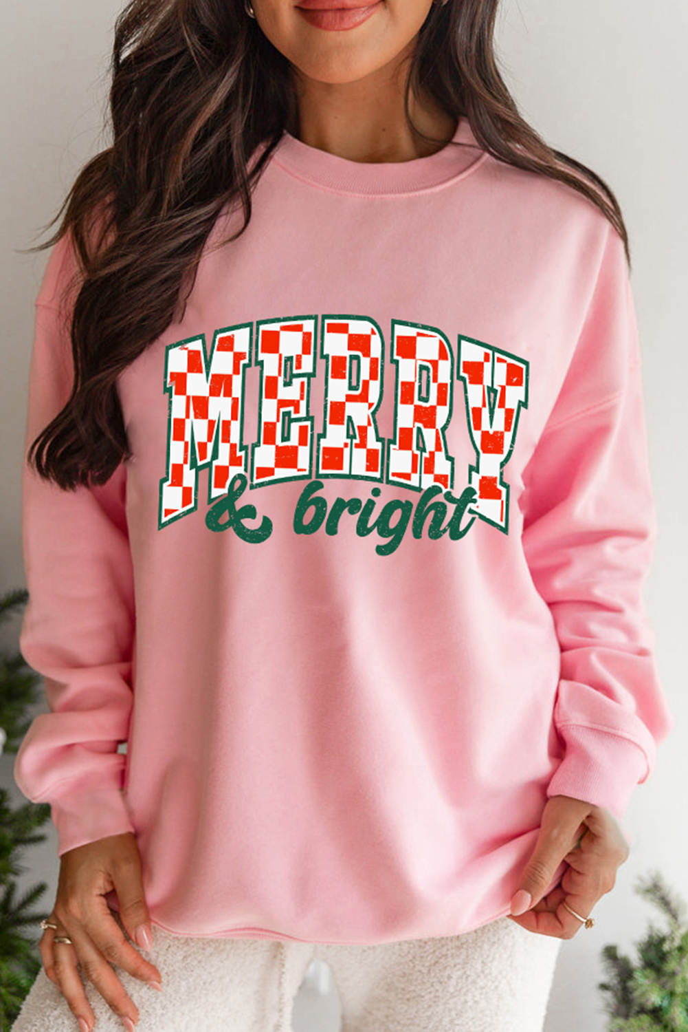 Pink MERRY & Bright Graphic Holiday Pullover Sweatshirt - loveforevers