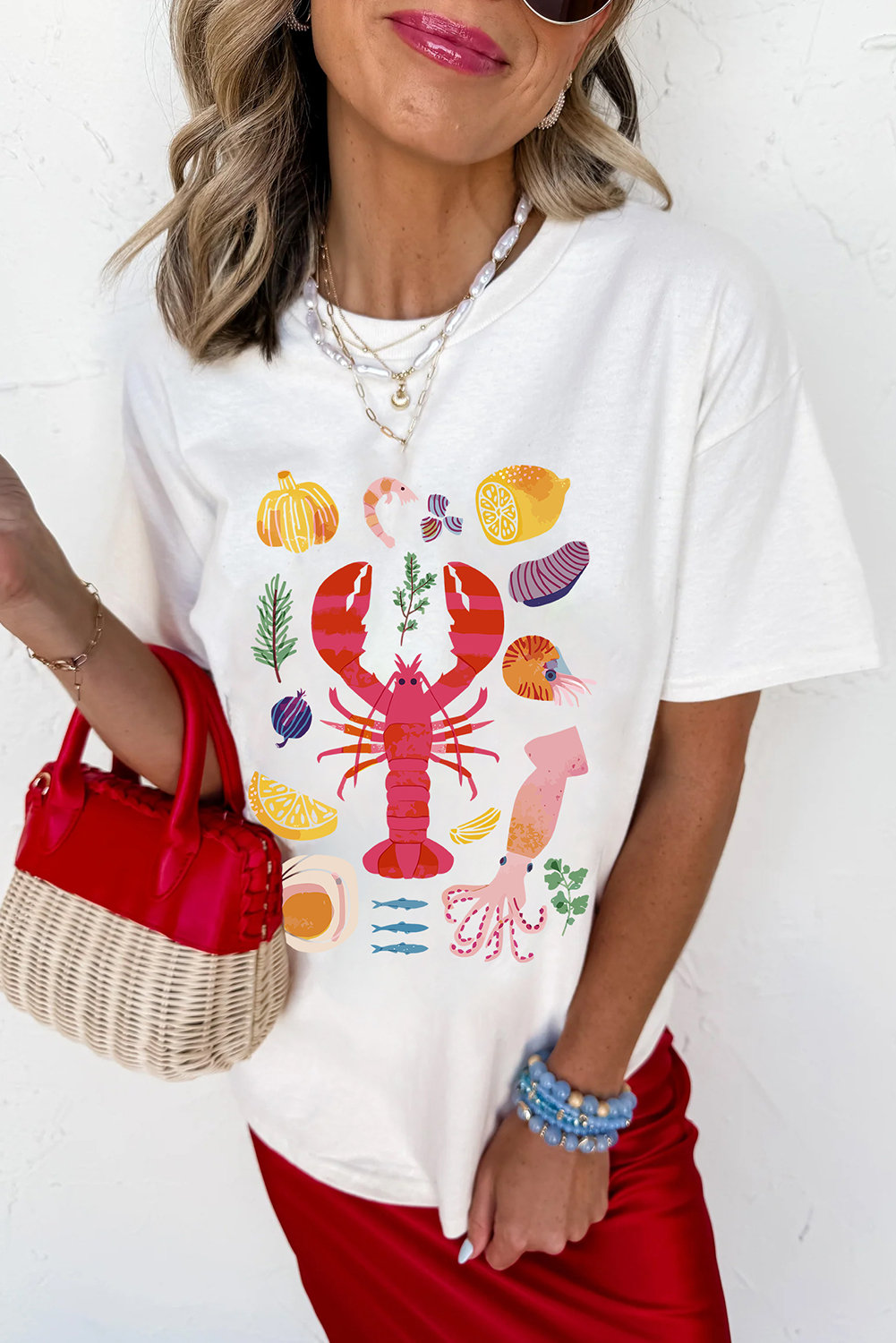 White Crawfish Food Ingredient Graphic Crewneck Tee - loveforevers