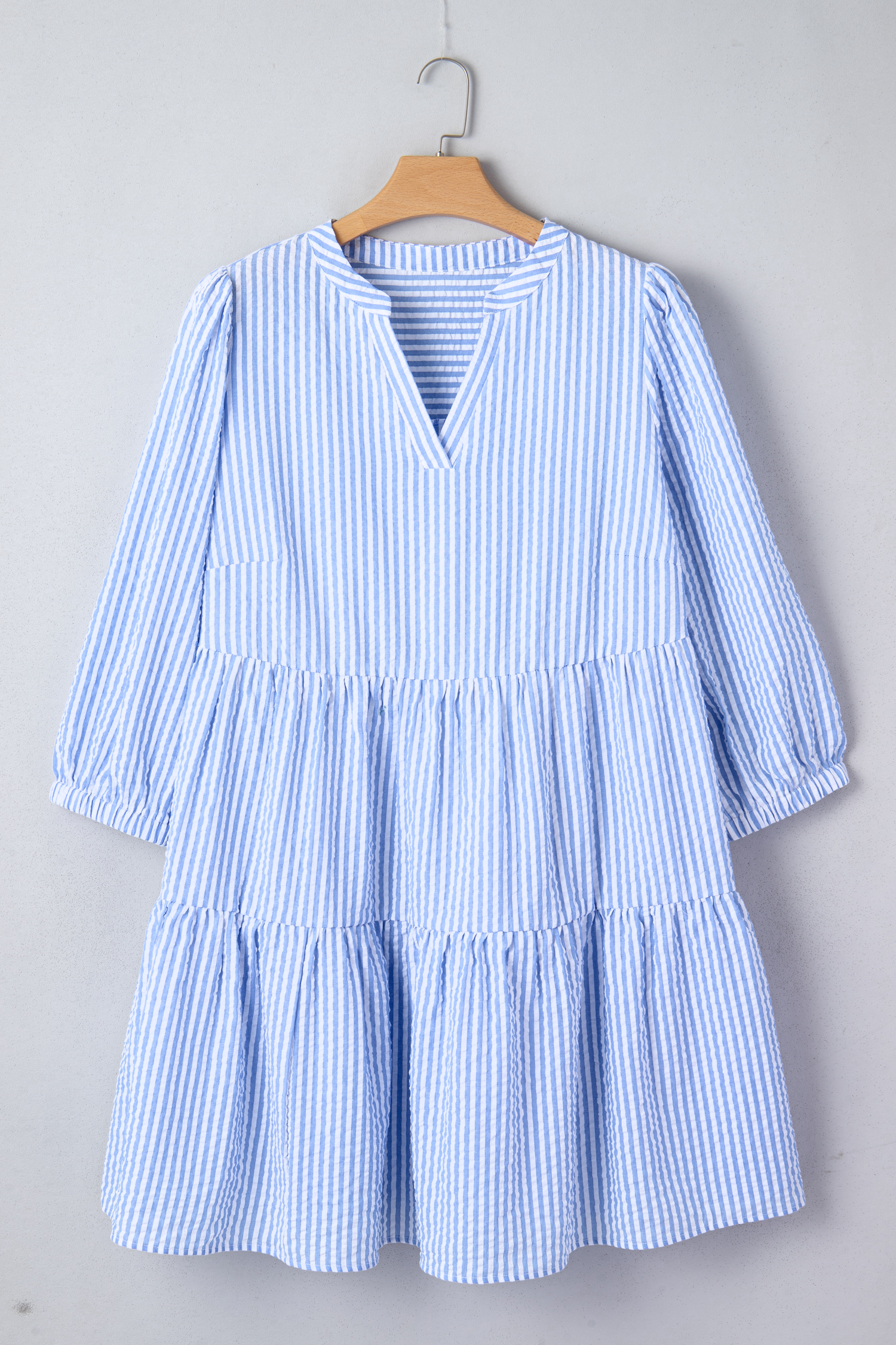 Sky Blue Stripe Seersucker Textured Notched Neck Long Puff Sleeve Tiered Curvy Dress - loveforevers