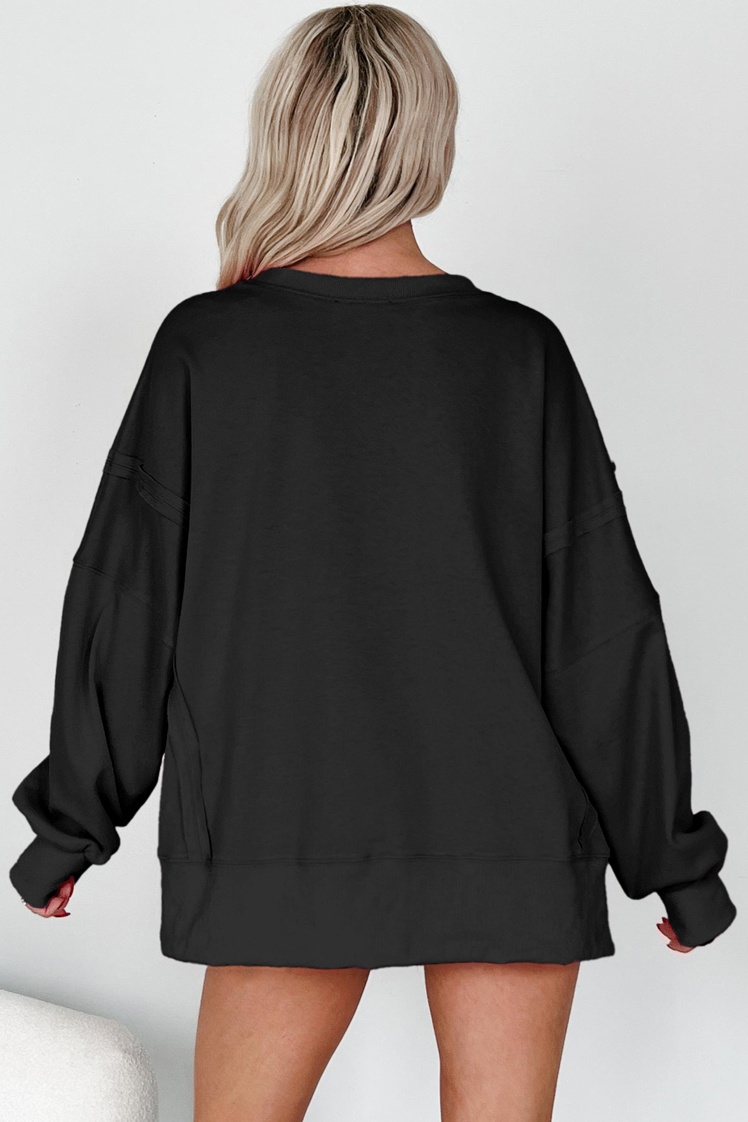 White Bow Sequin XOXO Letter Graphic Exposed Seam Baggy Sweatshirt - loveforevers