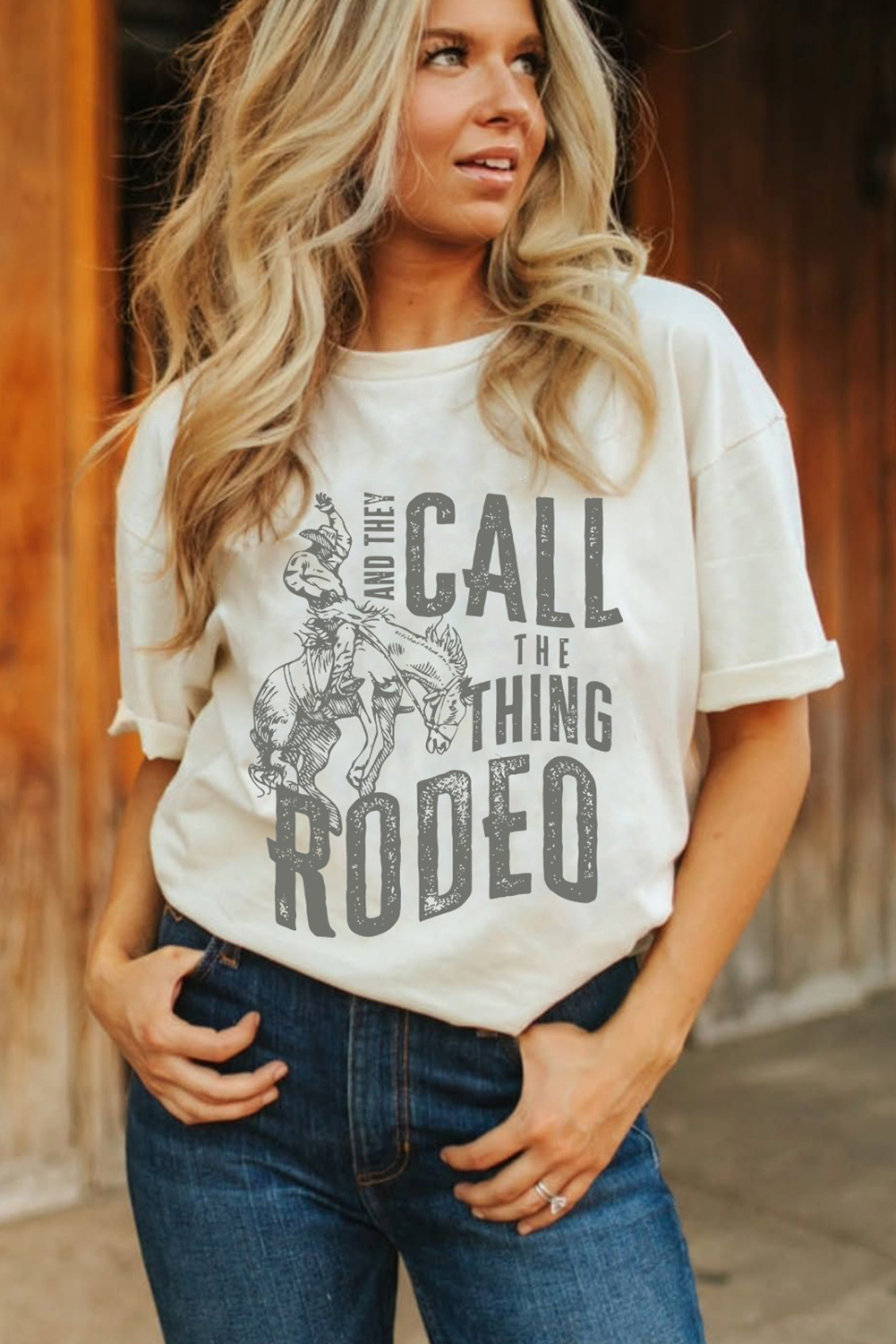 White AND THEY CALL THE THING RODEO Print Round Neck T Shirt - loveforevers
