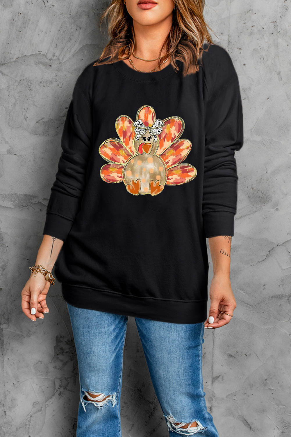 Black Thanksgiving Turkey Graphic Drop Shoulder Sweatshirt - loveforevers