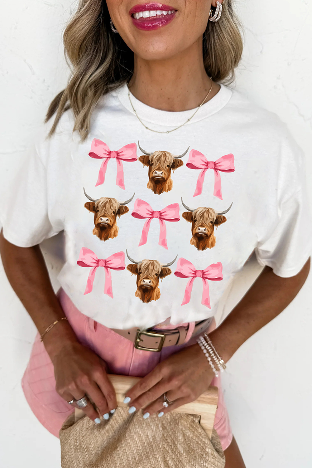 White Coquette Highland Cow Png Bows Graphic Tee - loveforevers
