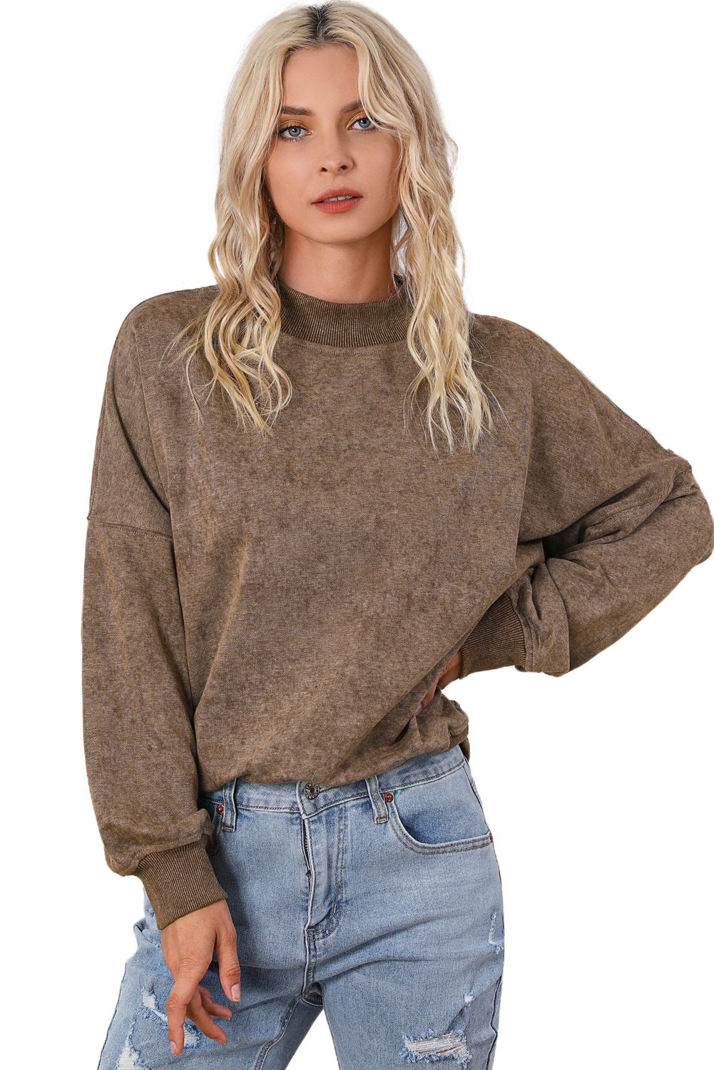 Brown Drop Shoulder Crew Neck Pullover Sweatshirt - loveforevers