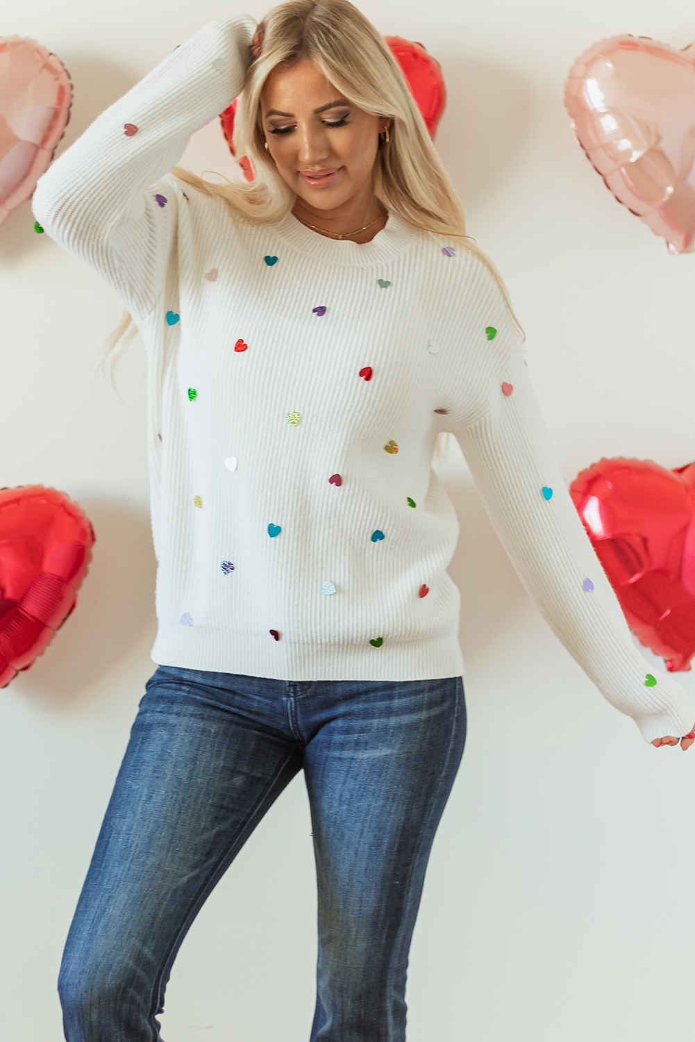 Beige Sequin Heart Shape Waffle Knit Round Neck Sweater - loveforevers