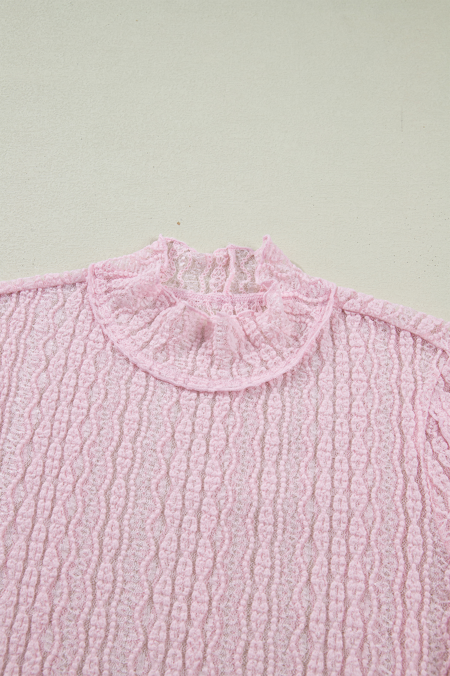 Apricot Flounced Long Sleeve Mock Neck Sheer Lace Top - loveforevers