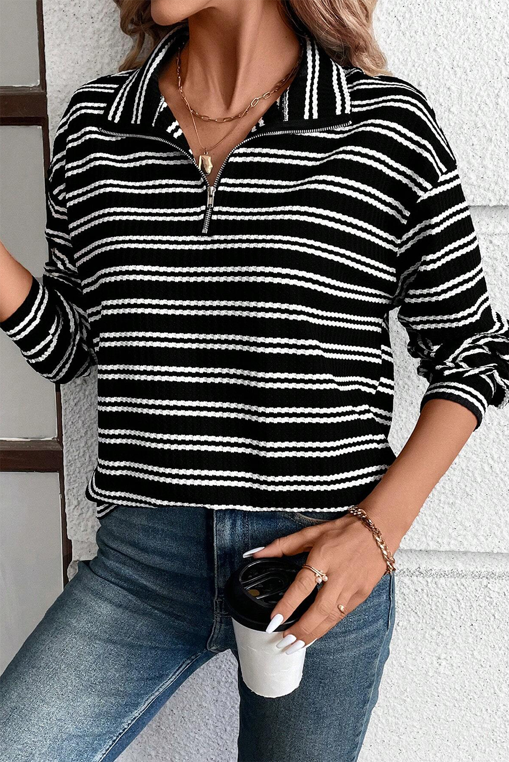 Black Stripe Textured Quarter Zip Collar Long Sleeve Top - loveforevers