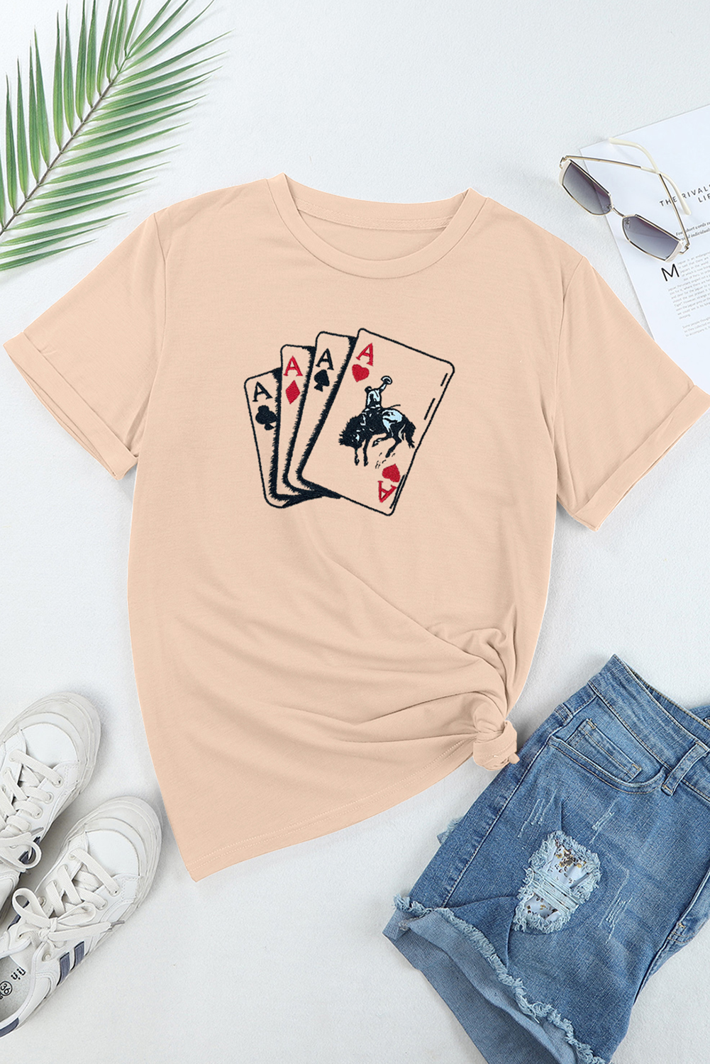 Khaki Poker Queen Embroidered Graphic Tee - loveforevers
