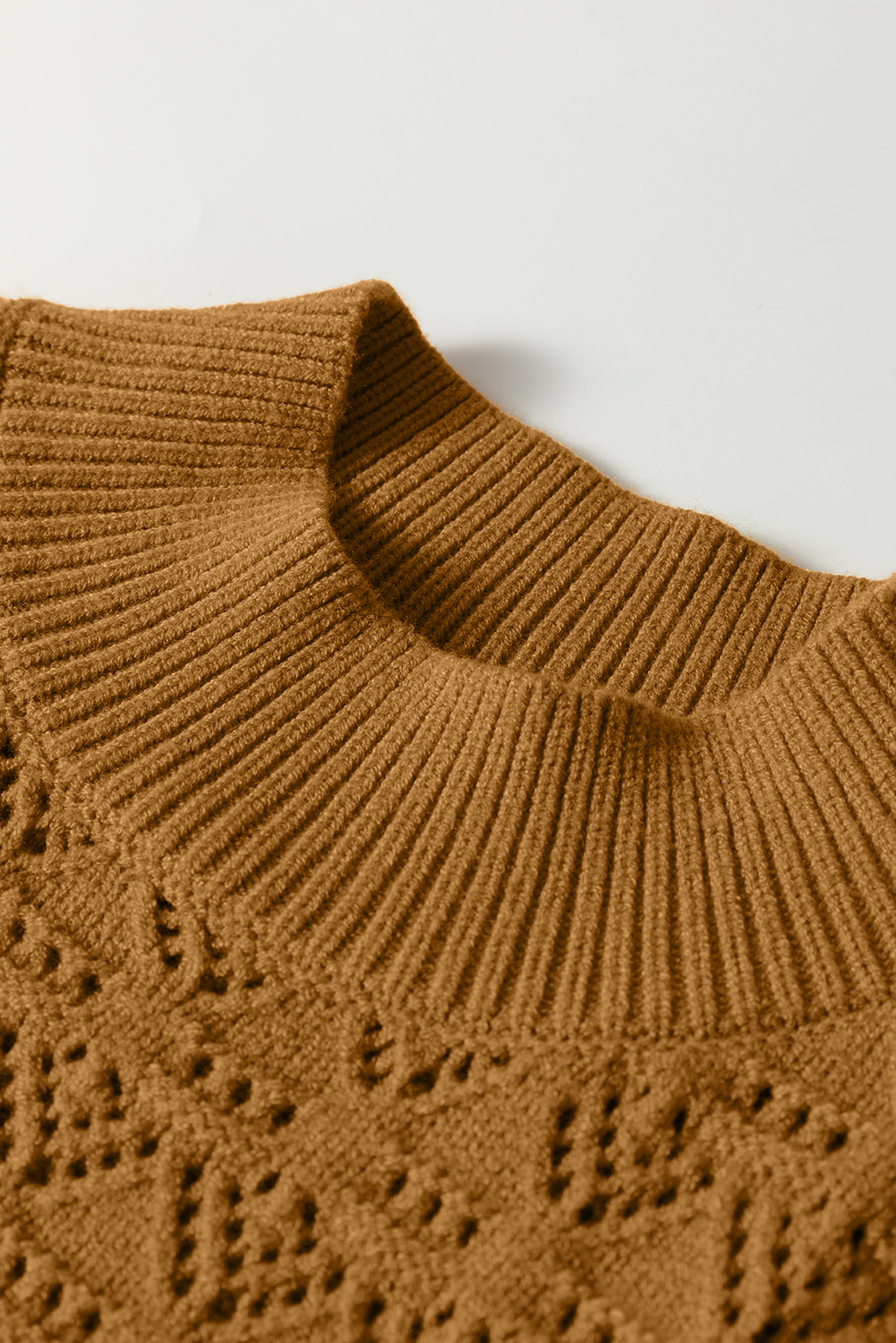 Jurassic Gold Hollow Out Crochet Ribbed Edge Balloon Sleeve Sweater - loveforevers