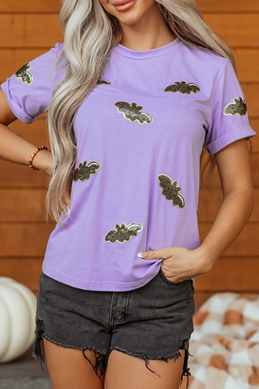 Wisteria Sequin Halloween Bat Patched Casual T Shirt - loveforevers