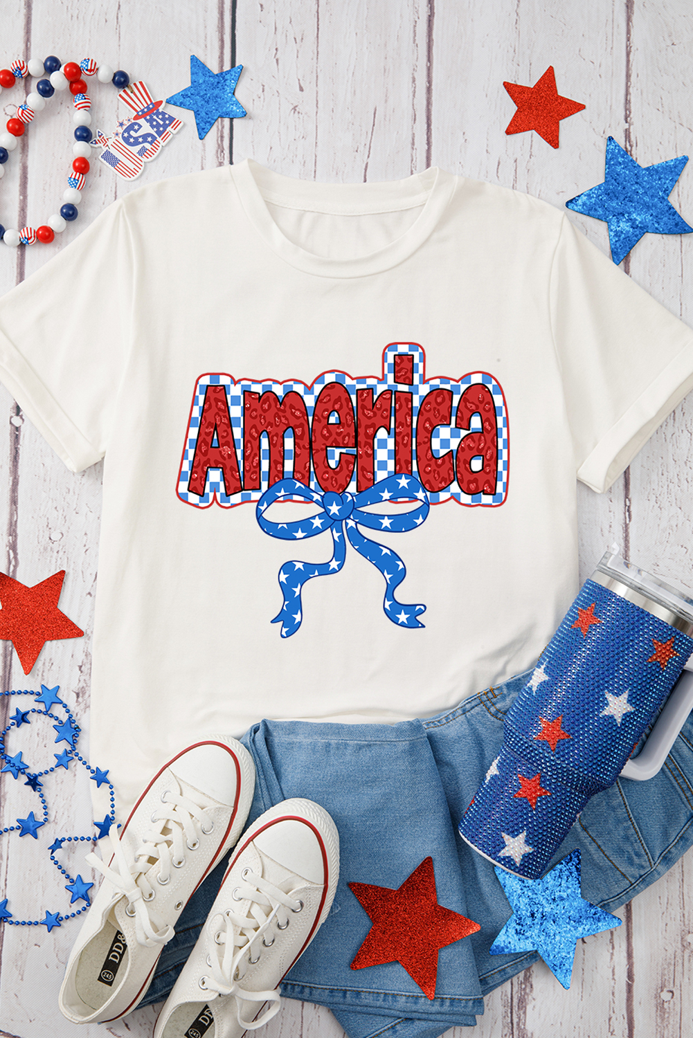White Funky America Letter Bow Printed T Shirt - loveforevers