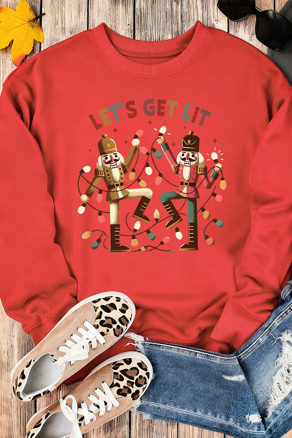 Red LETS GET LIT Nutcracker Graphic Christmas Sweatshirt - loveforevers
