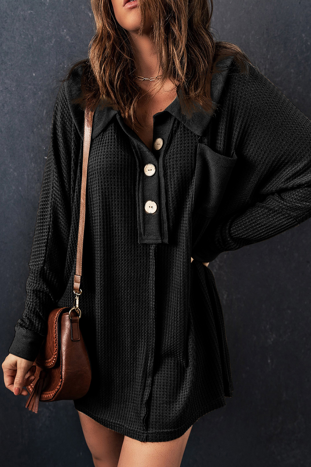 Brown Waffle Knit Buttoned Long Sleeve Top - loveforevers