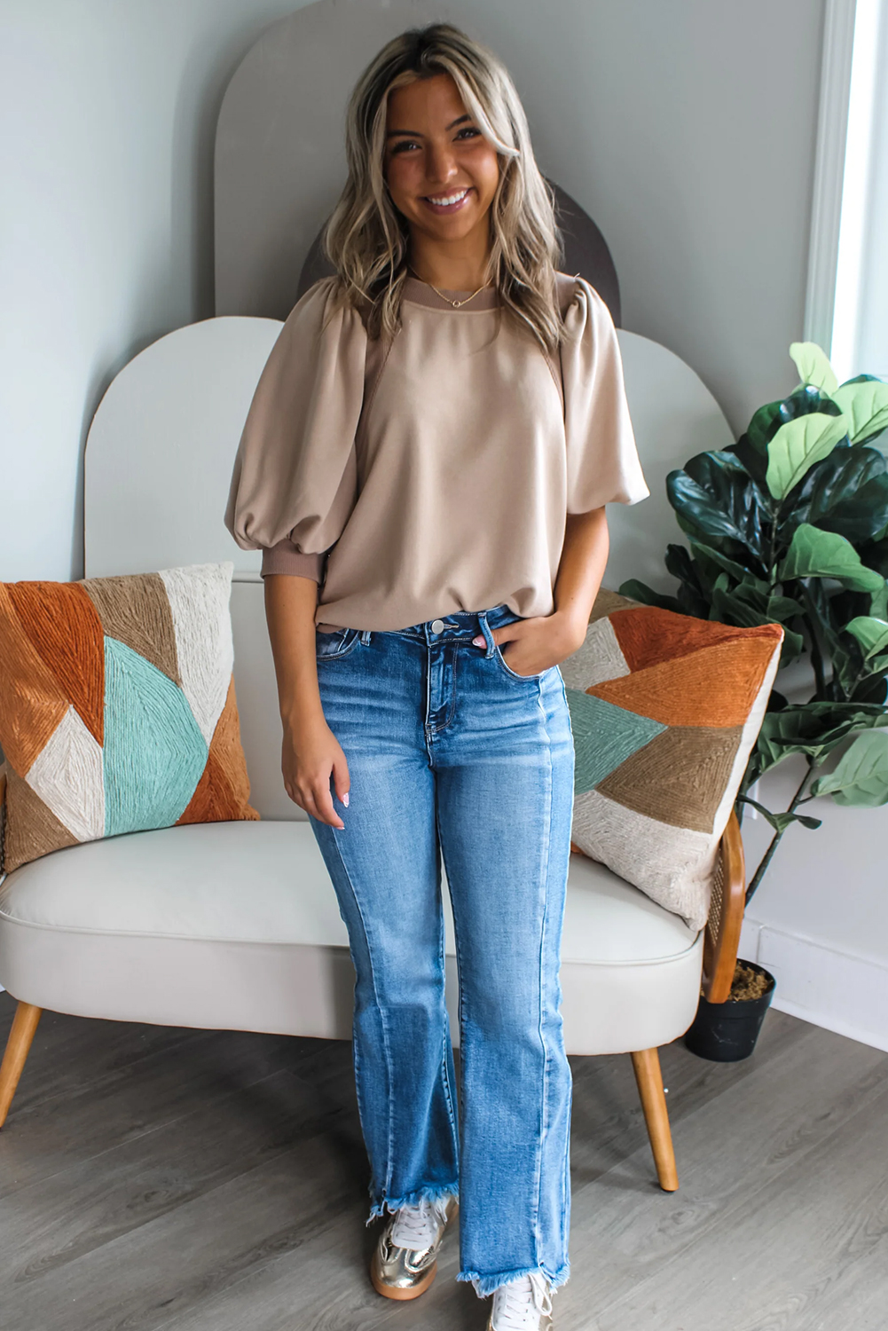 Goat Half Lantern Sleeve Solid Colour Pullover Top - loveforevers