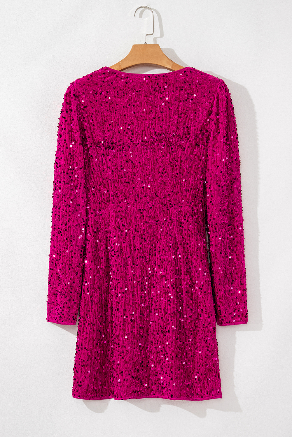 Pitaya Pink Velvet Sequin Long Sleeve V Neck Wrapped Mini Dress - loveforevers