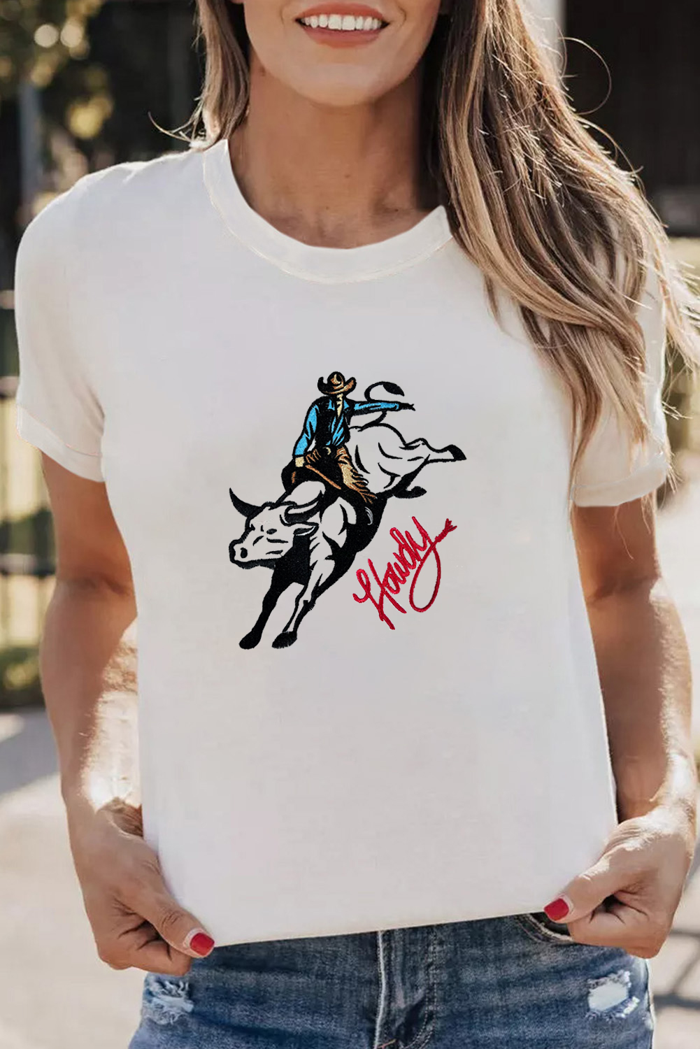 White Cowboy Howdy Embroidered Western Fashion T Shirt - loveforevers