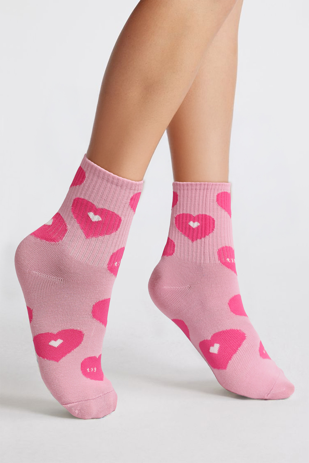 Light Pink Heart Print Ribbed Trim Soft Crew Socks - loveforevers
