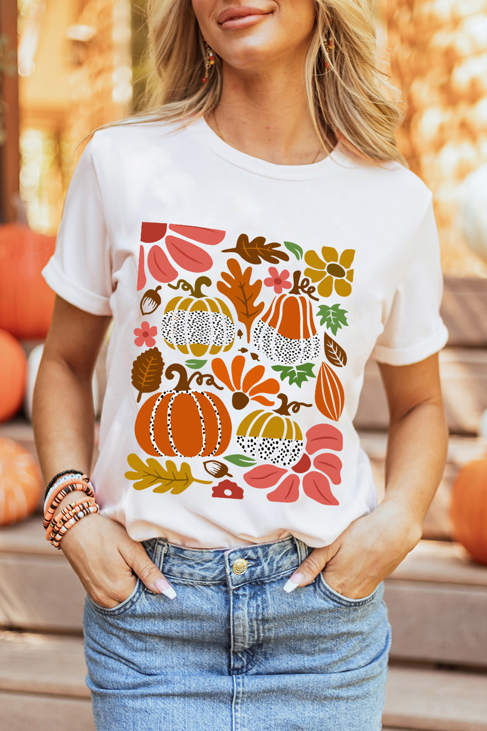 White Pumpkin Flower Print Fall Graphic Cotton Blend Tee - loveforevers